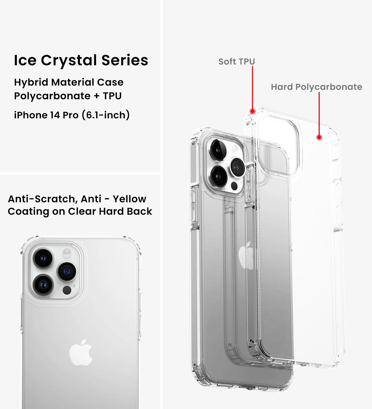 Ice Crystal Series Hybrid Yellow Resistant Transparent PC Military Grade TPU Back Cover for Apple iPhone 14 Pro, 6.1 inch, Crystal Clear