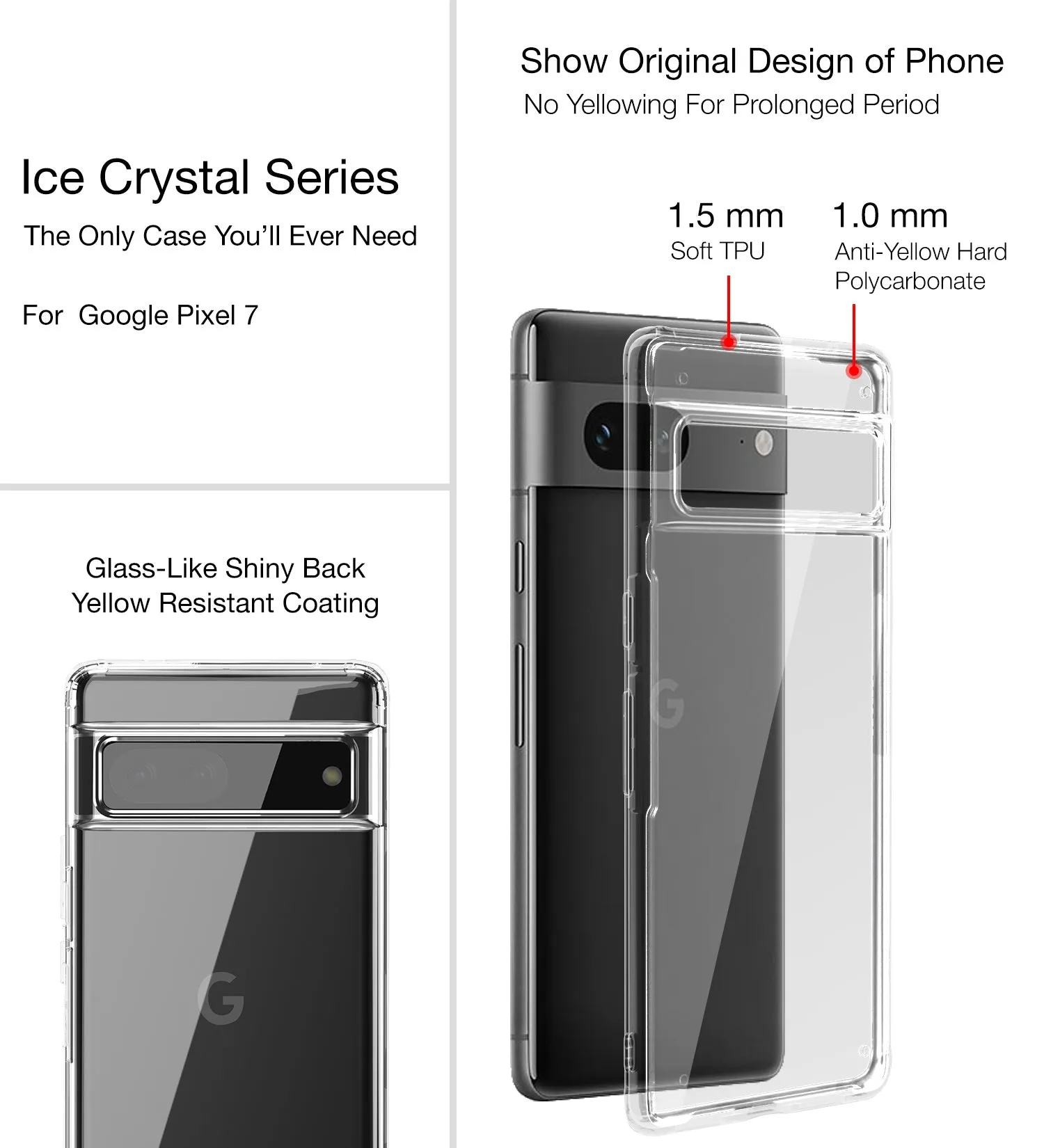 Ice Crystal Series Hybrid Yellow Resistant Transparent PC Military Grade TPU Back Cover for Google Pixel 7 5G, 6.3 inch, Black Clear