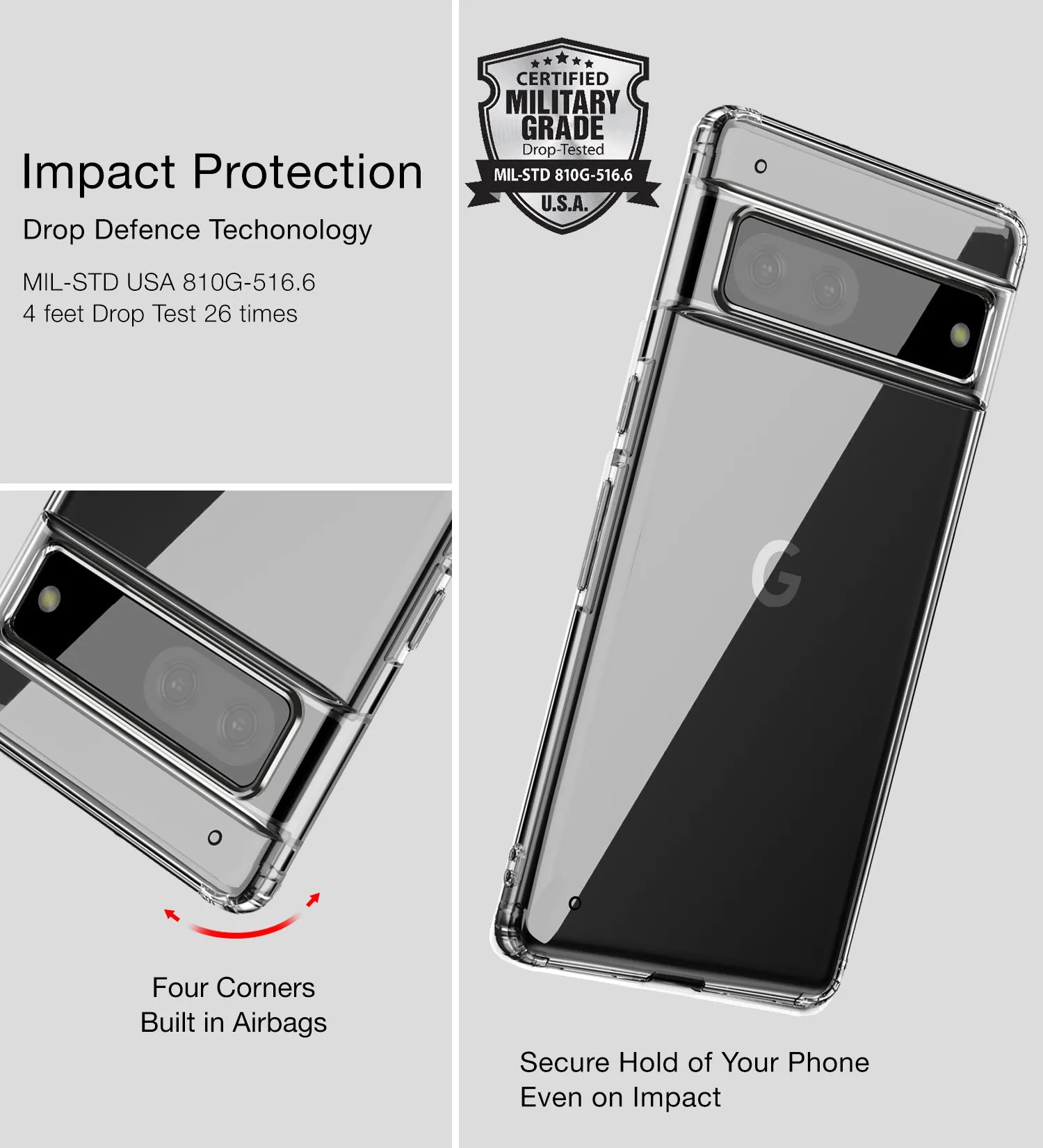 Ice Crystal Series Hybrid Yellow Resistant Transparent PC Military Grade TPU Back Cover for Google Pixel 7 5G, 6.3 inch, Black Clear