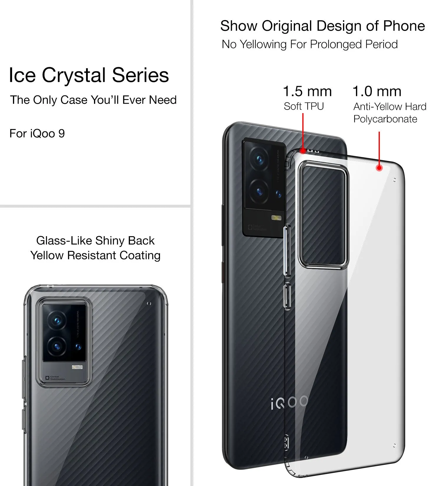 Ice Crystal Series Hybrid Yellow Resistant Transparent PC Military Grade TPU Back Cover for iQOO 9 5G, 6.56 inch, Black Clear