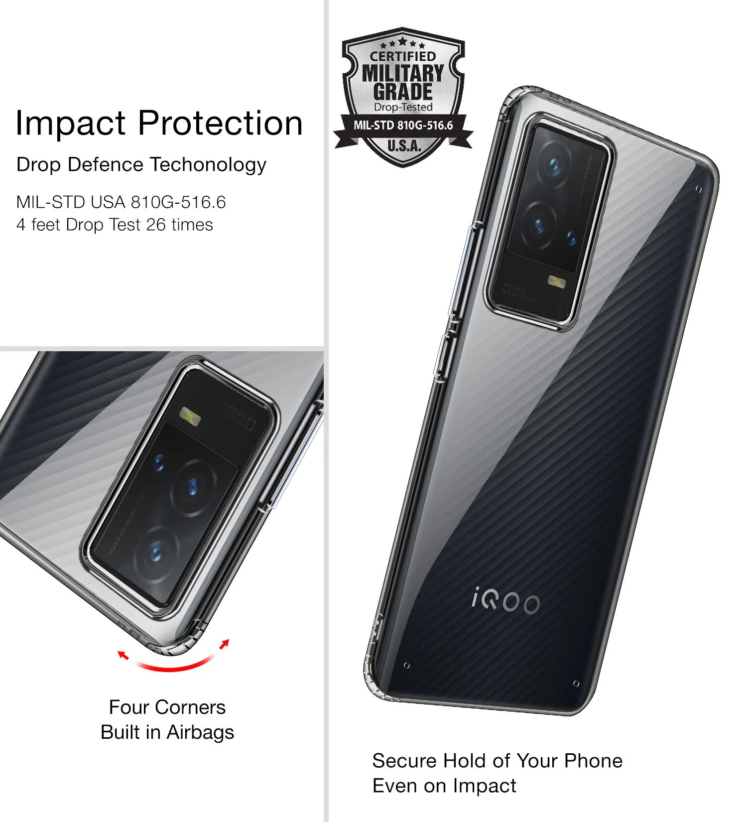 Ice Crystal Series Hybrid Yellow Resistant Transparent PC Military Grade TPU Back Cover for iQOO 9 5G, 6.56 inch, Black Clear