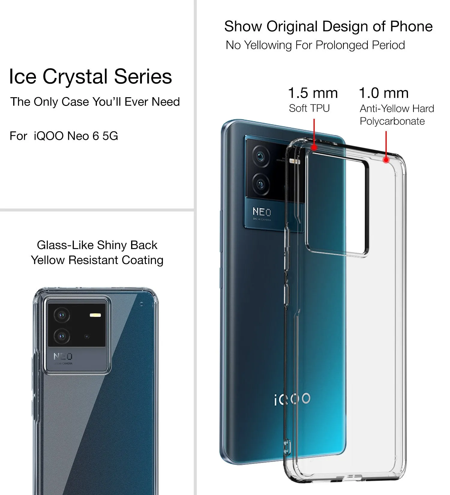 Ice Crystal Series Hybrid Yellow Resistant Transparent PC Military Grade TPU Back Cover for iQOO Neo 6 5G, 6.62 inch, Black Clear