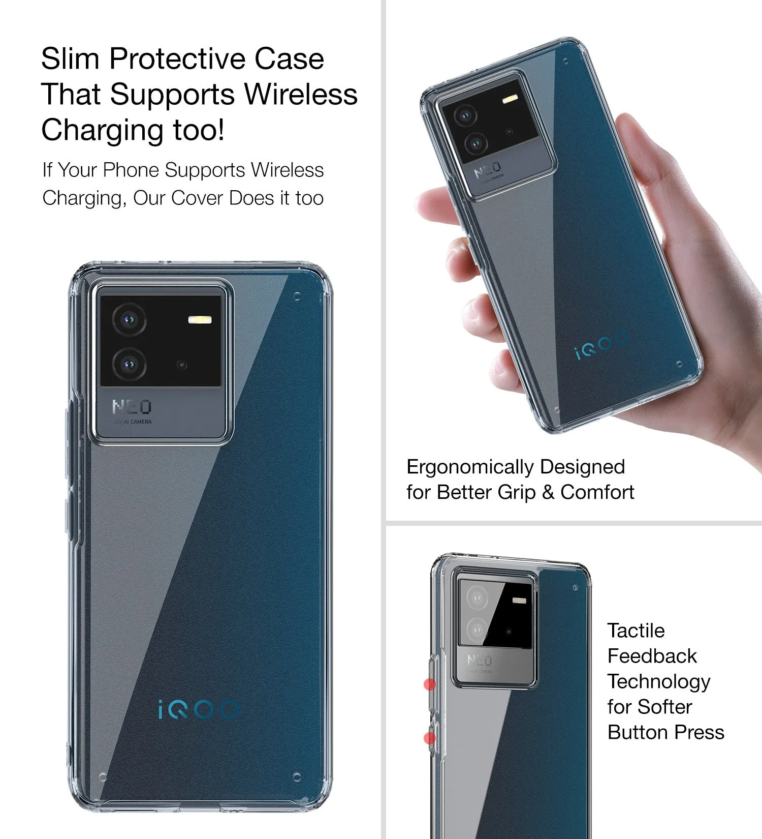 Ice Crystal Series Hybrid Yellow Resistant Transparent PC Military Grade TPU Back Cover for iQOO Neo 6 5G, 6.62 inch, Black Clear