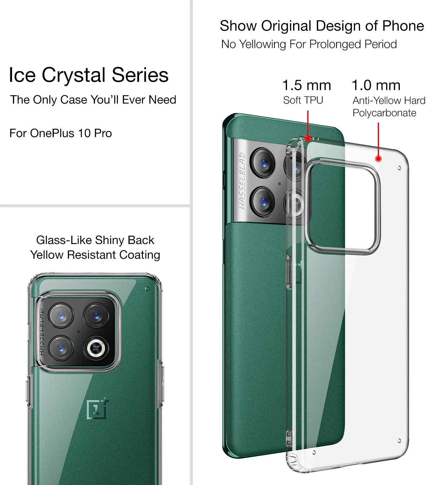 Ice Crystal Series Hybrid Yellow Resistant Transparent PC Military Grade TPU Back Cover for OnePlus 10 Pro 5G, 6.7 inch, Black Clear