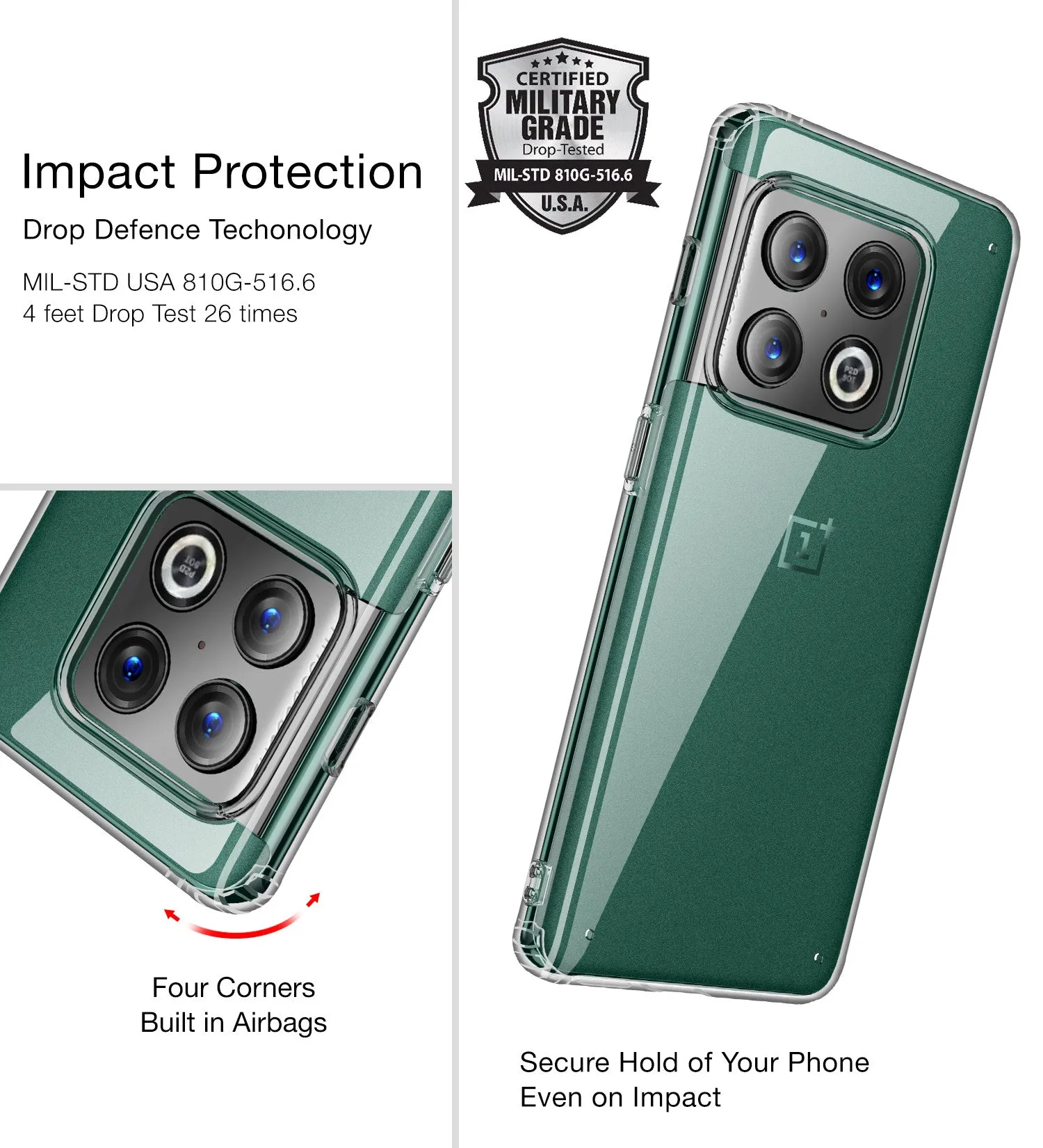 Ice Crystal Series Hybrid Yellow Resistant Transparent PC Military Grade TPU Back Cover for OnePlus 10 Pro 5G, 6.7 inch, Black Clear