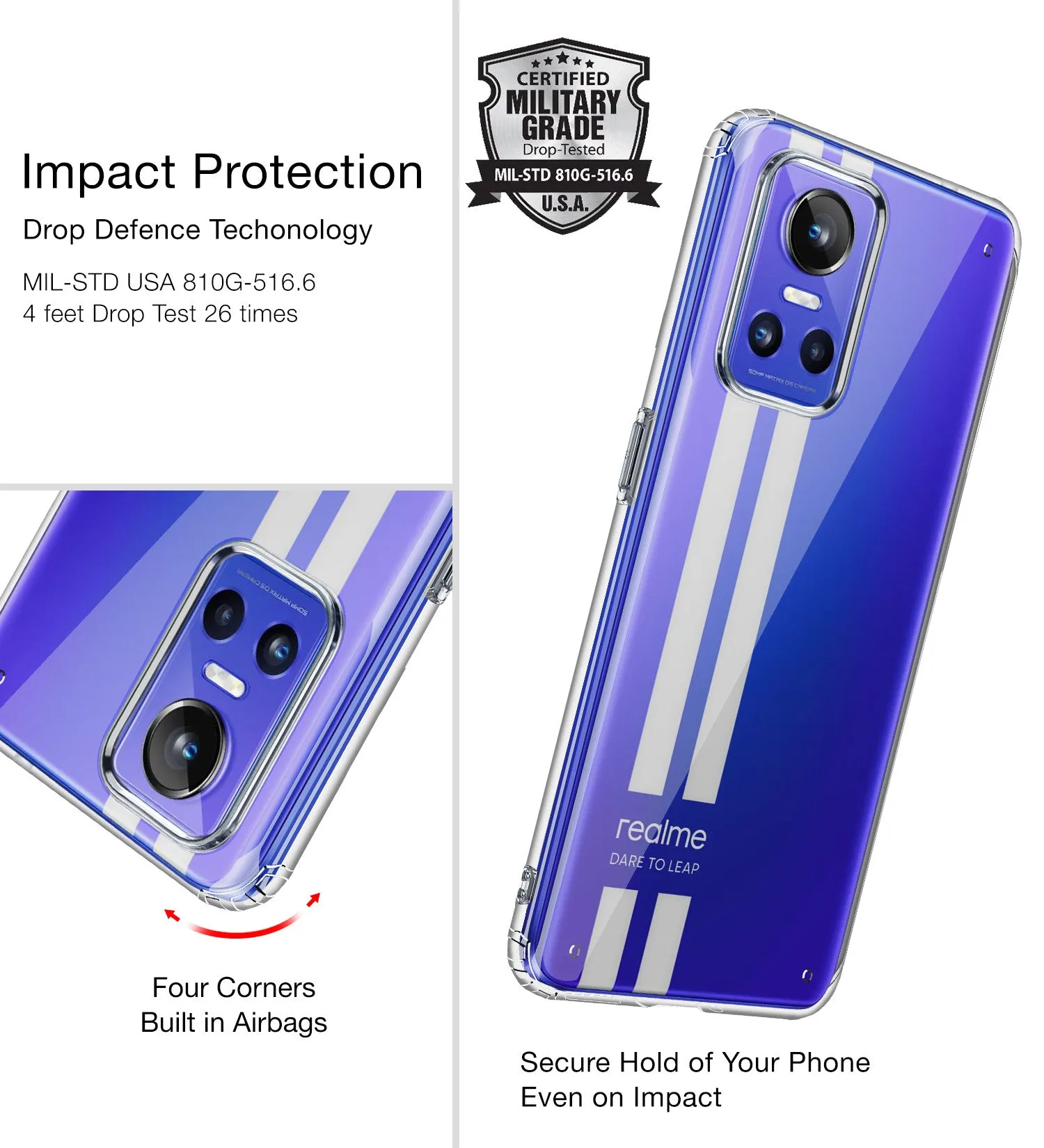 Ice Crystal Series Hybrid Yellow Resistant Transparent PC Military Grade TPU Back Cover for Realme GT Neo 3, 6.7 inch, Black Clear