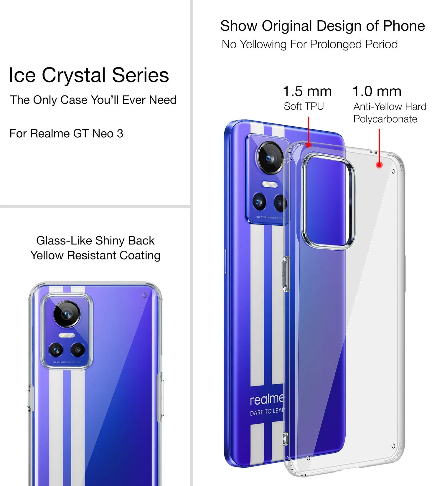 Ice Crystal Series Hybrid Yellow Resistant Transparent PC Military Grade TPU Back Cover for Realme GT Neo 3, 6.7 inch, Black Clear