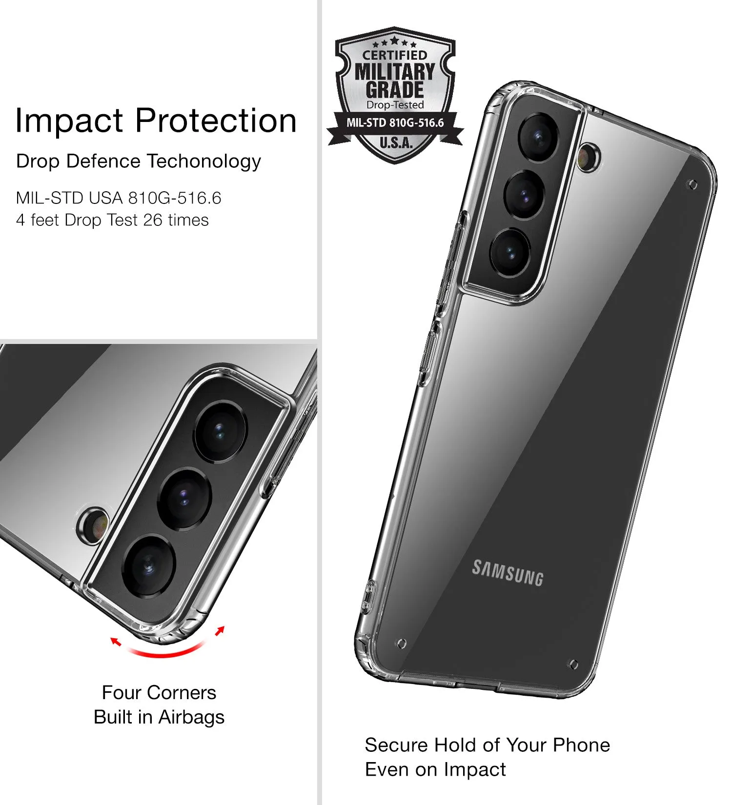 Ice Crystal Series Hybrid Yellow Resistant Transparent PC Military Grade TPU Back Cover for Samsung Galaxy S22 5G, 6.1 inch, Black Clear
