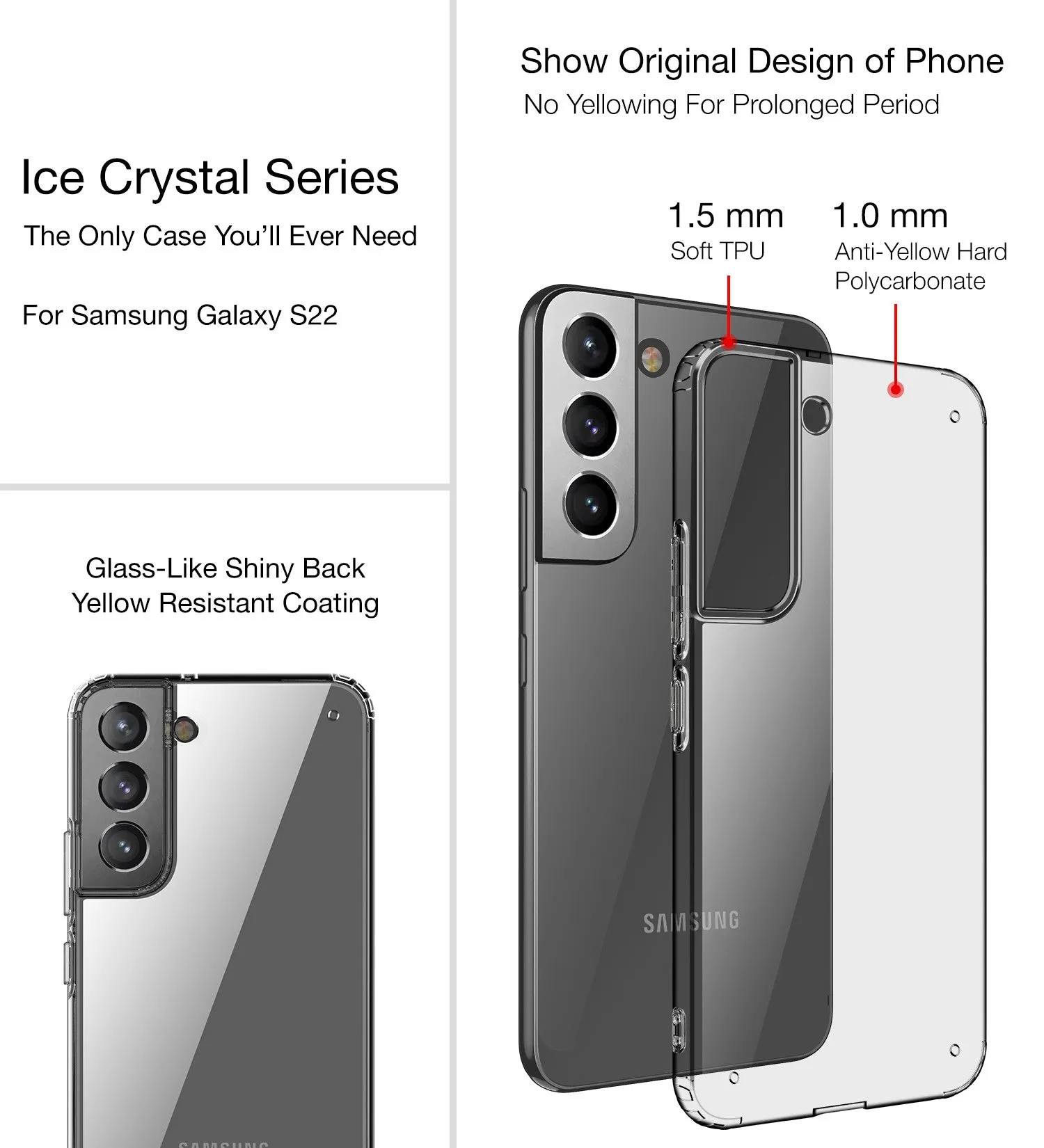 Ice Crystal Series Hybrid Yellow Resistant Transparent PC Military Grade TPU Back Cover for Samsung Galaxy S22 5G, 6.1 inch, Black Clear