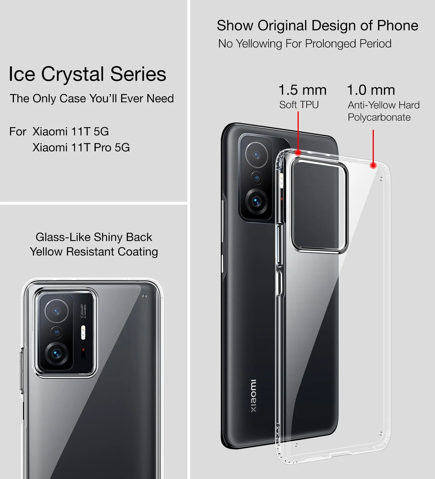 Ice Crystal Series Hybrid Yellow Resistant Transparent PC Military Grade TPU Back Cover for Xiaomi Mi 11T 5G, Xiaomi 11T Pro 5G, 6.67 inch, Crystal Clear