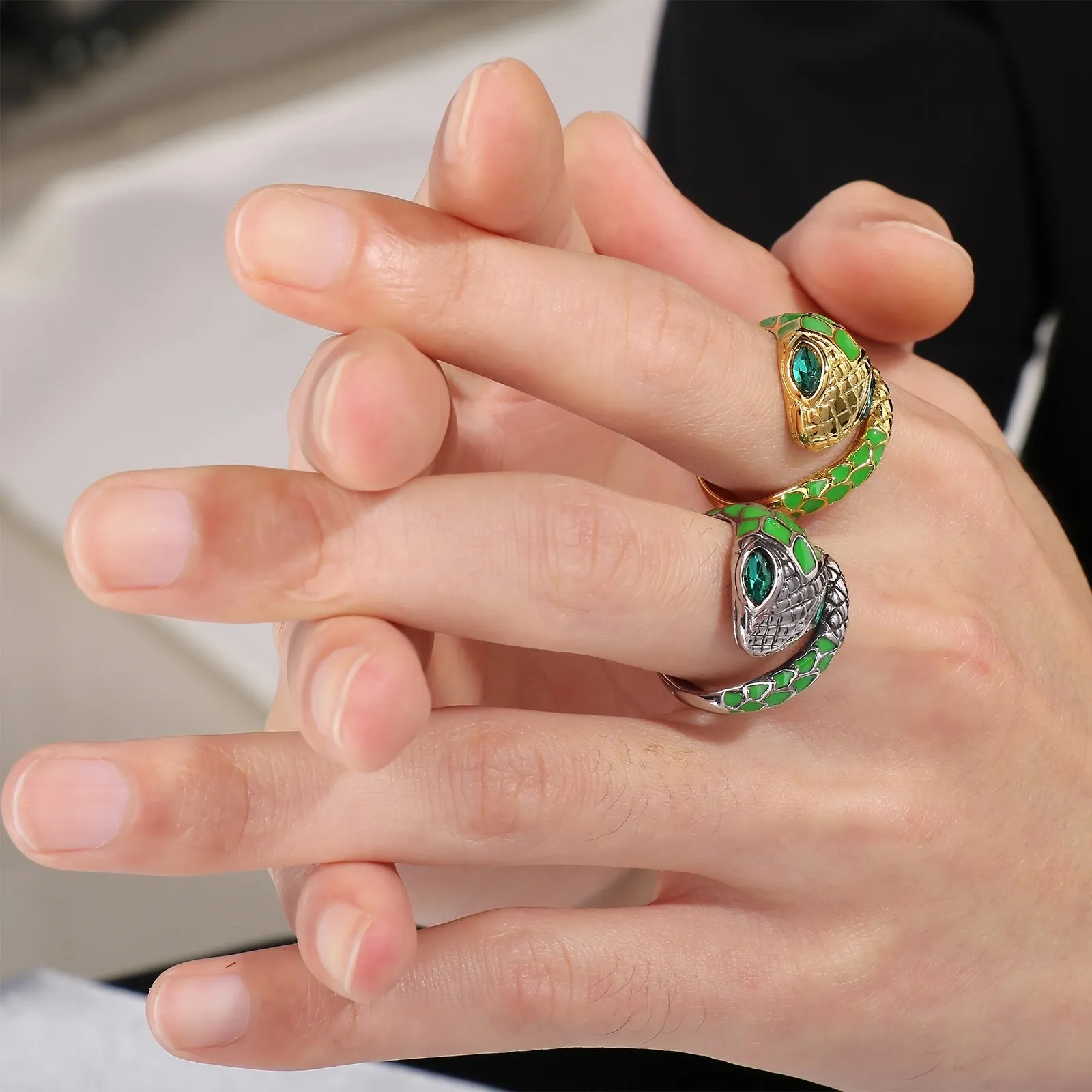 Men's Green Snake Ring - Titanium Stainless Steel Enamel Serpent Design Jewelry