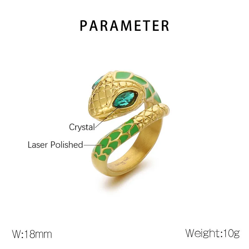 Men's Green Snake Ring - Titanium Stainless Steel Enamel Serpent Design Jewelry