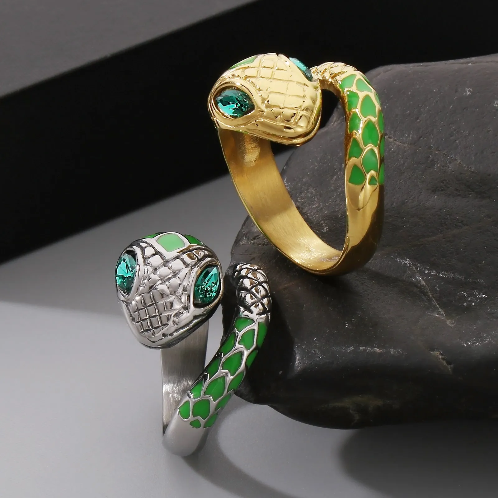 Men's Green Snake Ring - Titanium Stainless Steel Enamel Serpent Design Jewelry