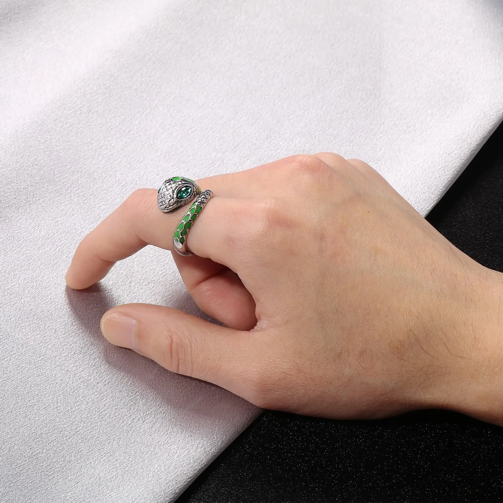 Men's Green Snake Ring - Titanium Stainless Steel Enamel Serpent Design Jewelry