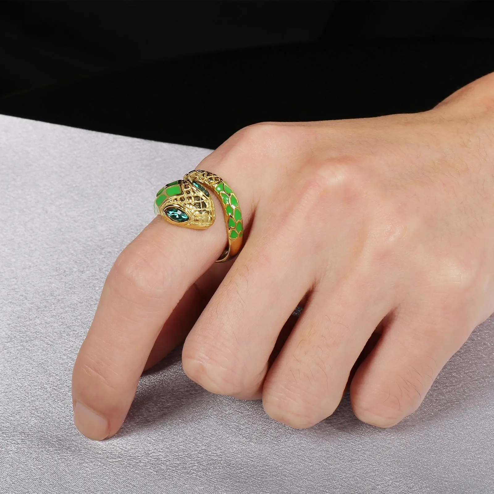 Men's Green Snake Ring - Titanium Stainless Steel Enamel Serpent Design Jewelry