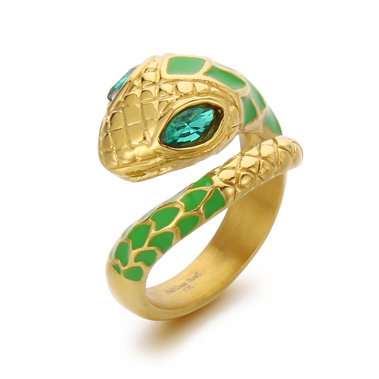 Men's Green Snake Ring - Titanium Stainless Steel Enamel Serpent Design Jewelry