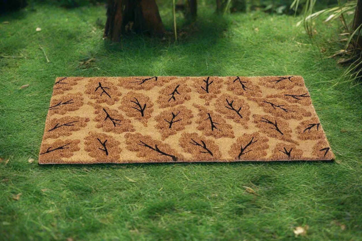 OnlyMat Elegant Anti-Skid Coir Leaf Impression Printed Design Mat - Kitchen, Welcome Entrance - Beige, 45 cm x 75 cm