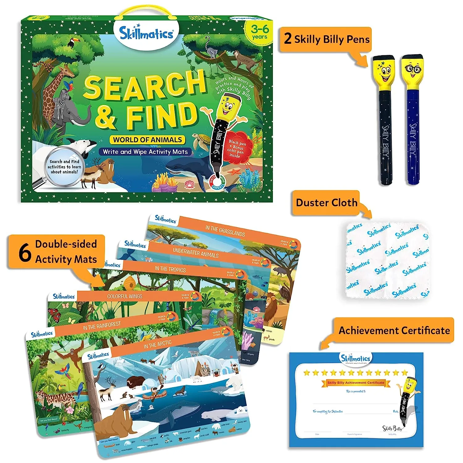 Skillmatics Search and Find Animals, Reusable Activity Mats with 2 Dry Erase Markers, Gifts for Ages 3 to 6