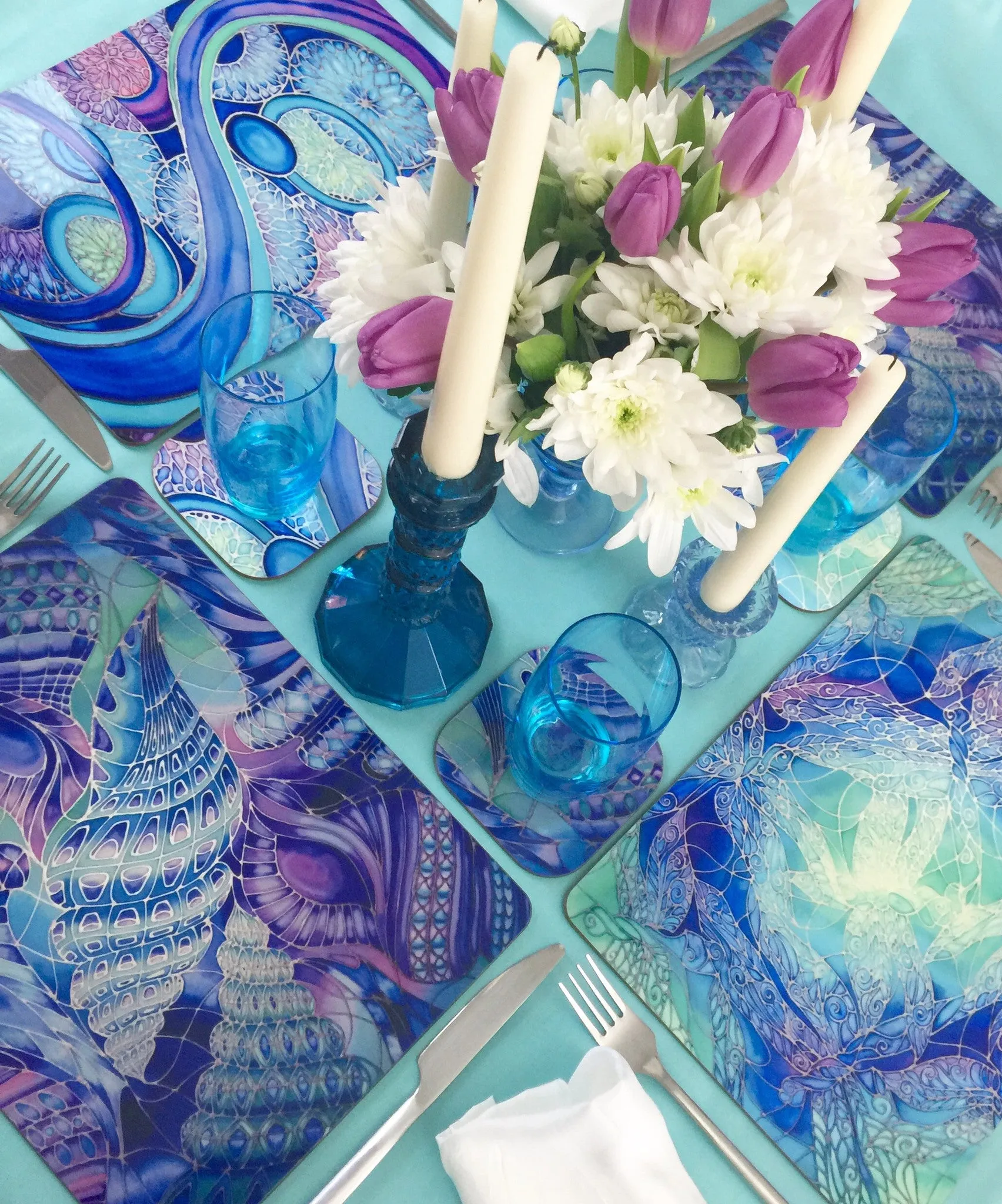 Spiral Shells Kaleidoscope Table Mats and Coasters- High Quality Table Mats - Blue Purple Green Tableware