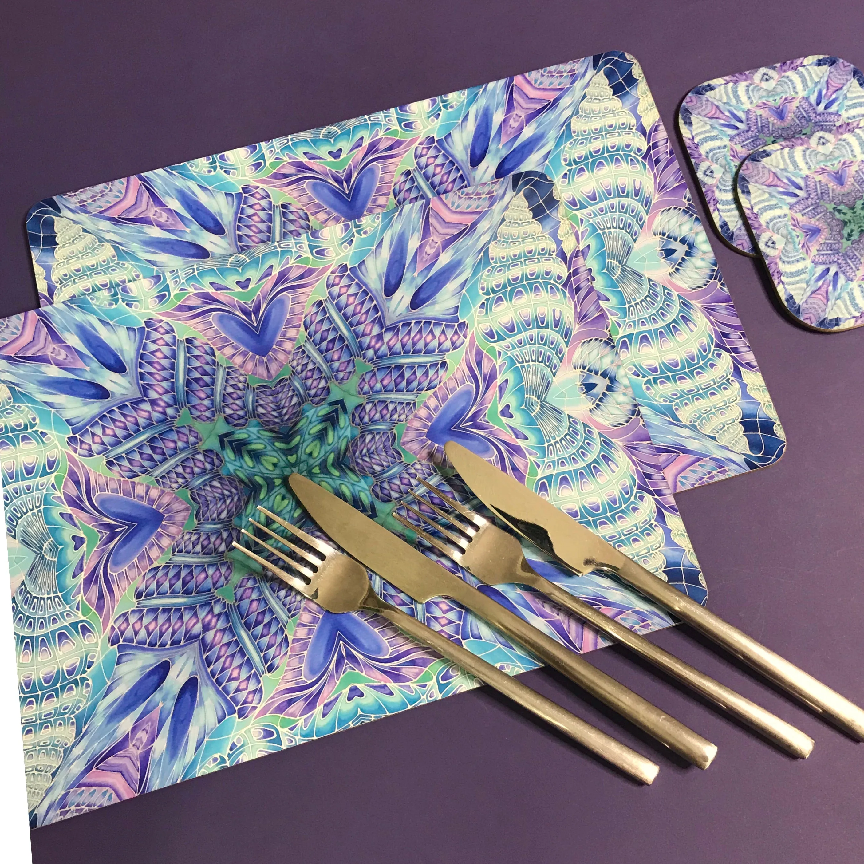 Spiral Shells Kaleidoscope Table Mats and Coasters- High Quality Table Mats - Blue Purple Green Tableware
