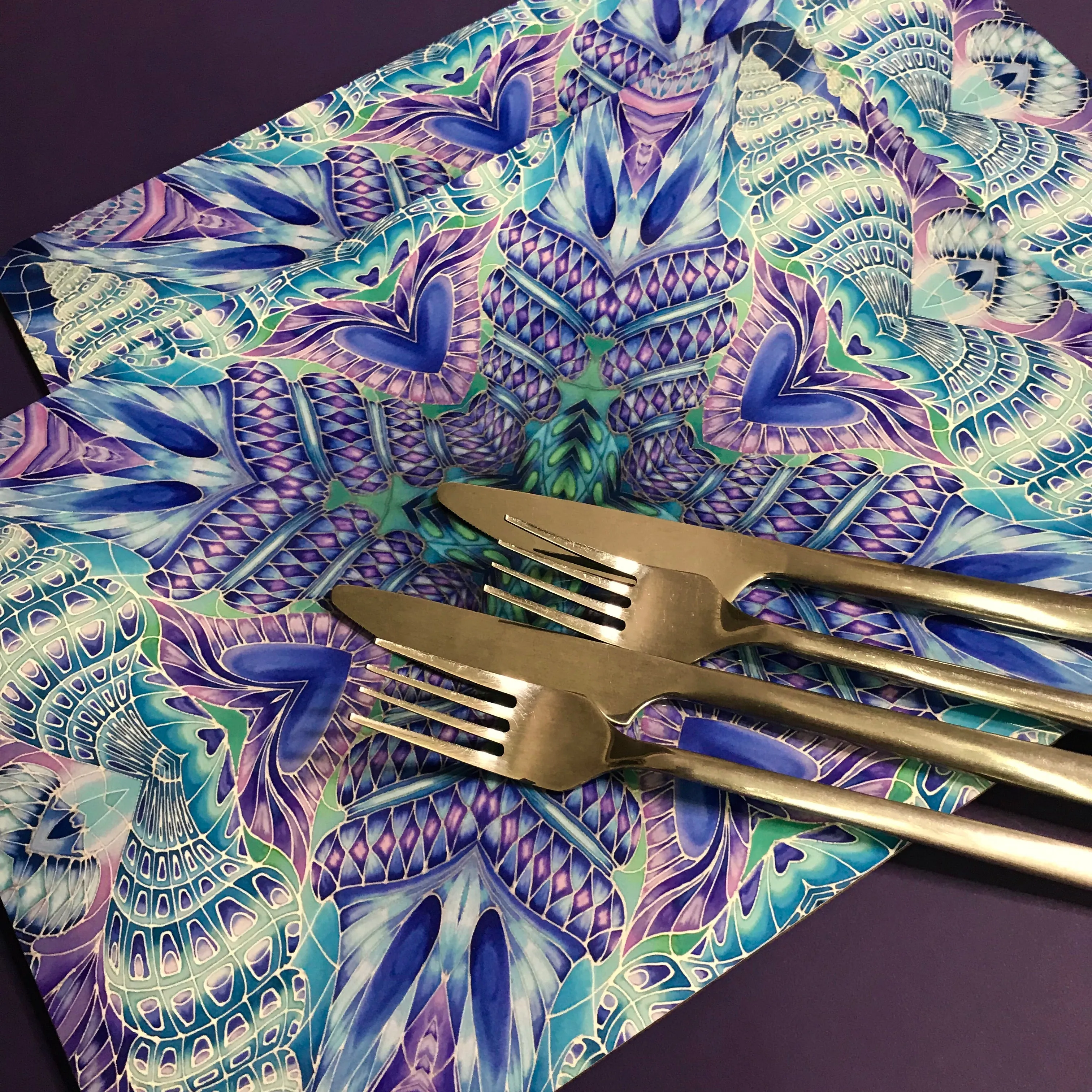 Spiral Shells Kaleidoscope Table Mats and Coasters- High Quality Table Mats - Blue Purple Green Tableware