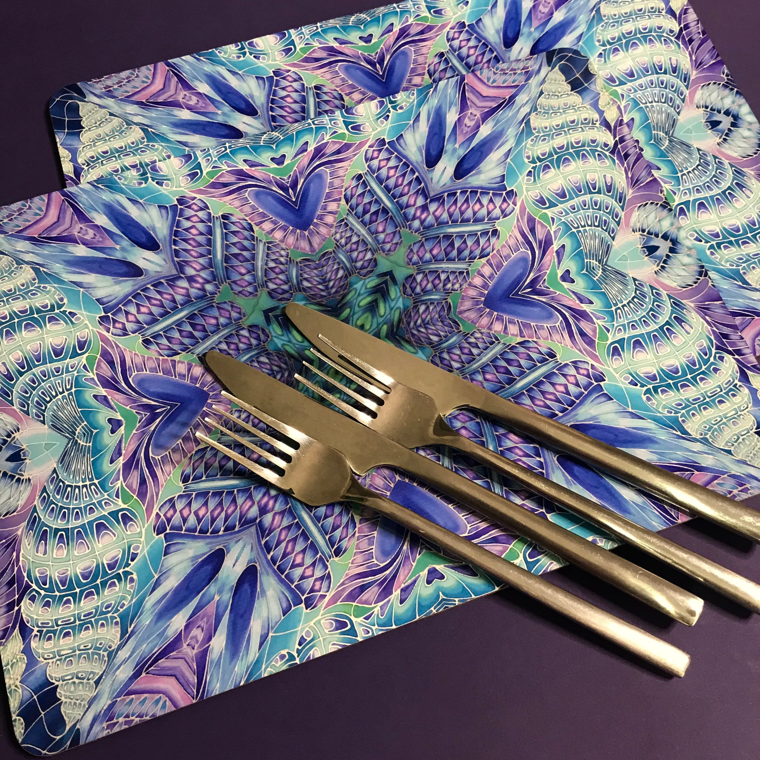 Spiral Shells Kaleidoscope Table Mats and Coasters- High Quality Table Mats - Blue Purple Green Tableware