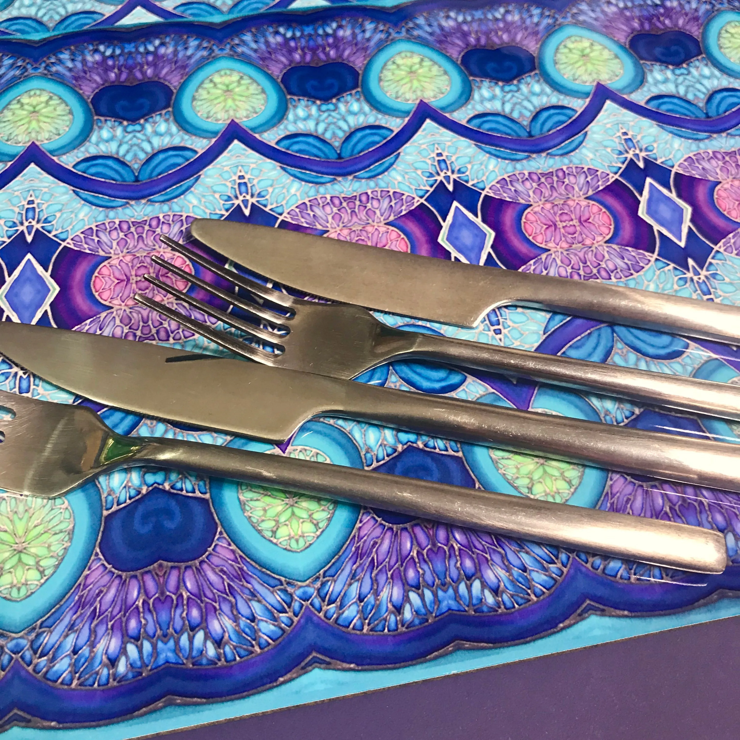 Spiral Shells Kaleidoscope Table Mats and Coasters- High Quality Table Mats - Blue Purple Green Tableware