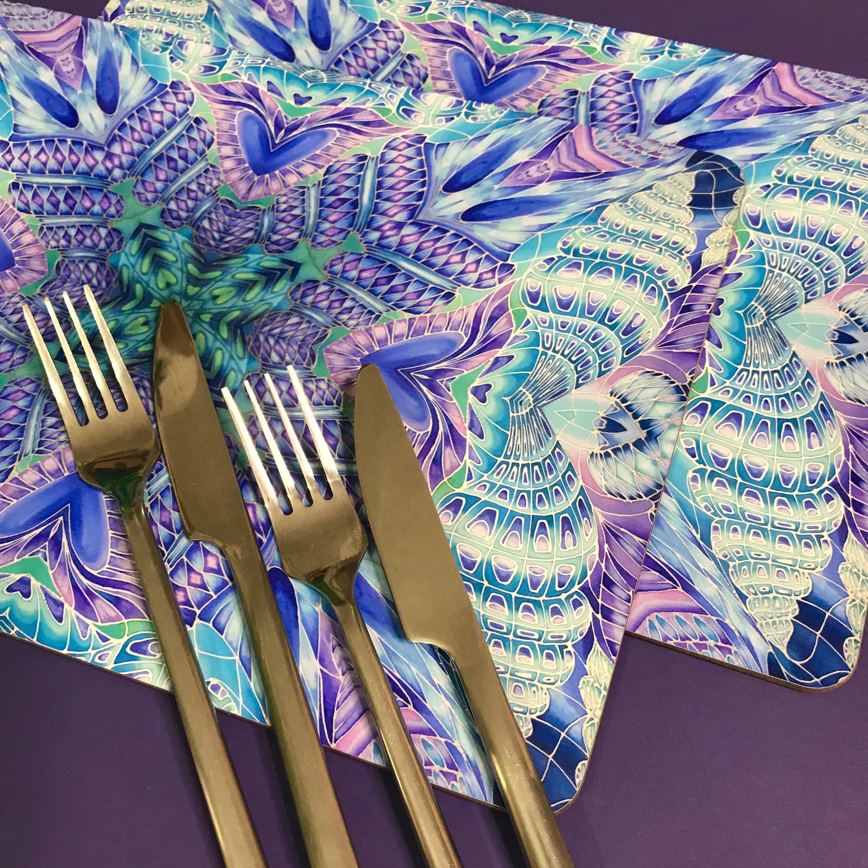 Spiral Shells Kaleidoscope Table Mats and Coasters- High Quality Table Mats - Blue Purple Green Tableware