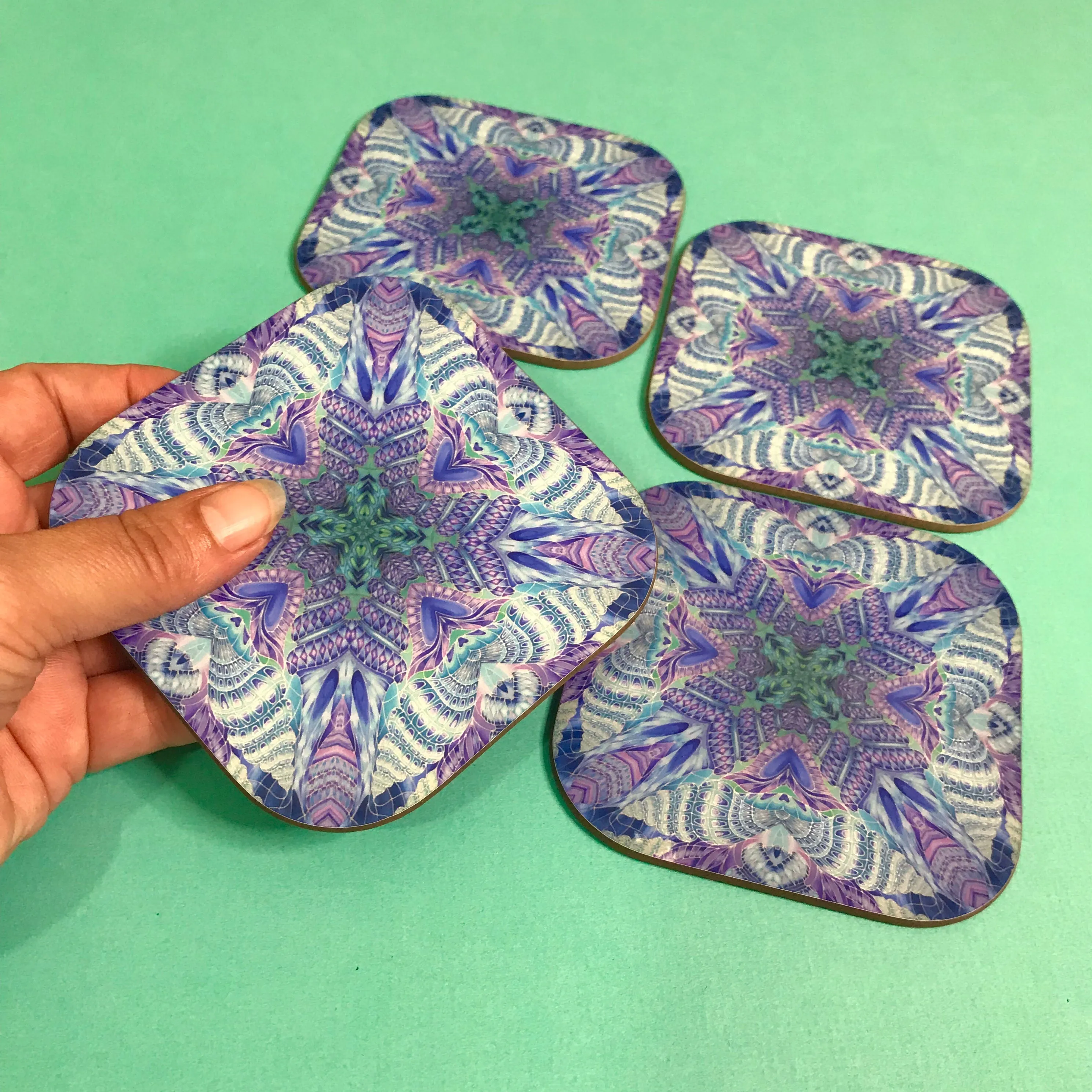 Spiral Shells Kaleidoscope Table Mats and Coasters- High Quality Table Mats - Blue Purple Green Tableware