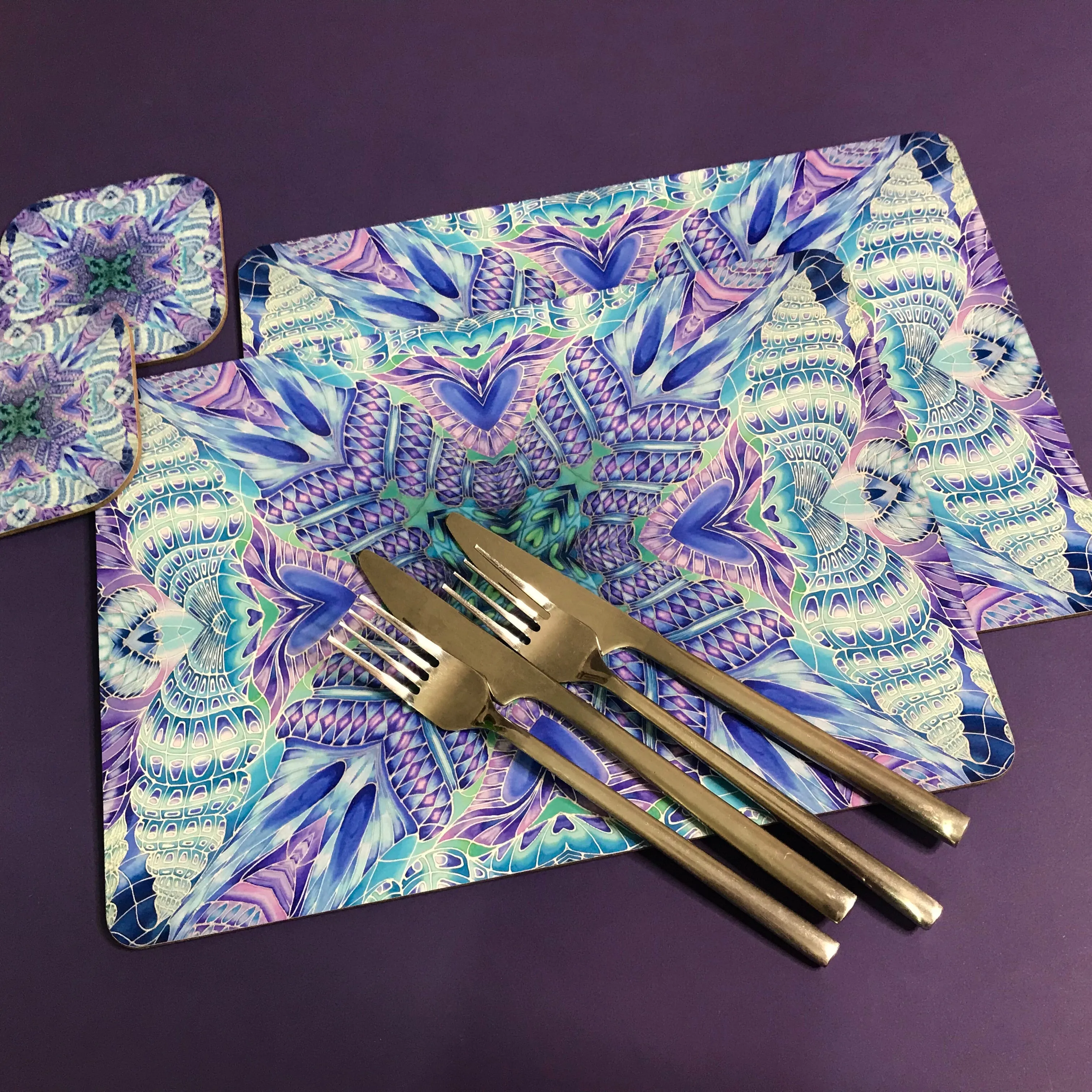 Spiral Shells Kaleidoscope Table Mats and Coasters- High Quality Table Mats - Blue Purple Green Tableware