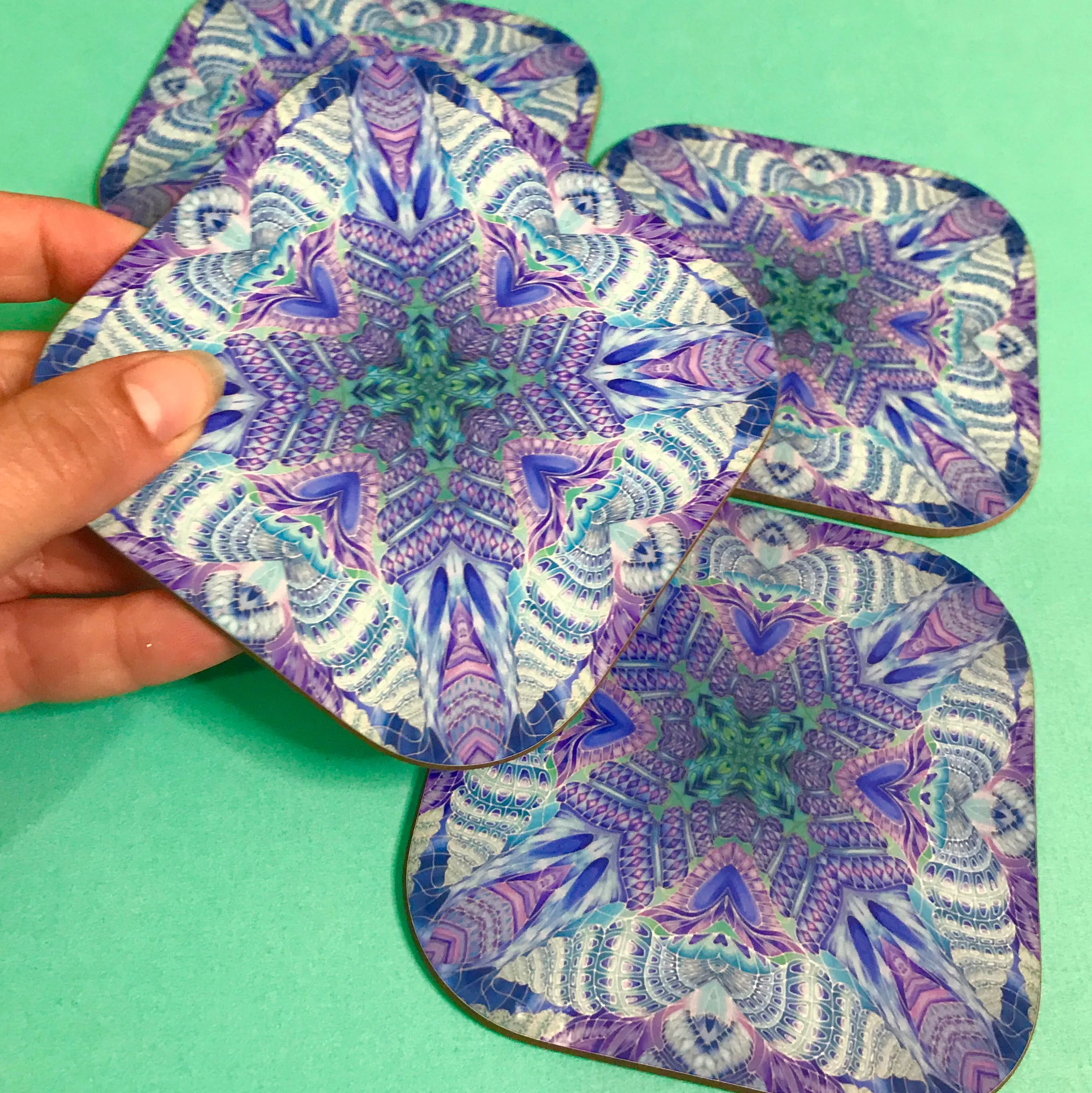 Spiral Shells Kaleidoscope Table Mats and Coasters- High Quality Table Mats - Blue Purple Green Tableware