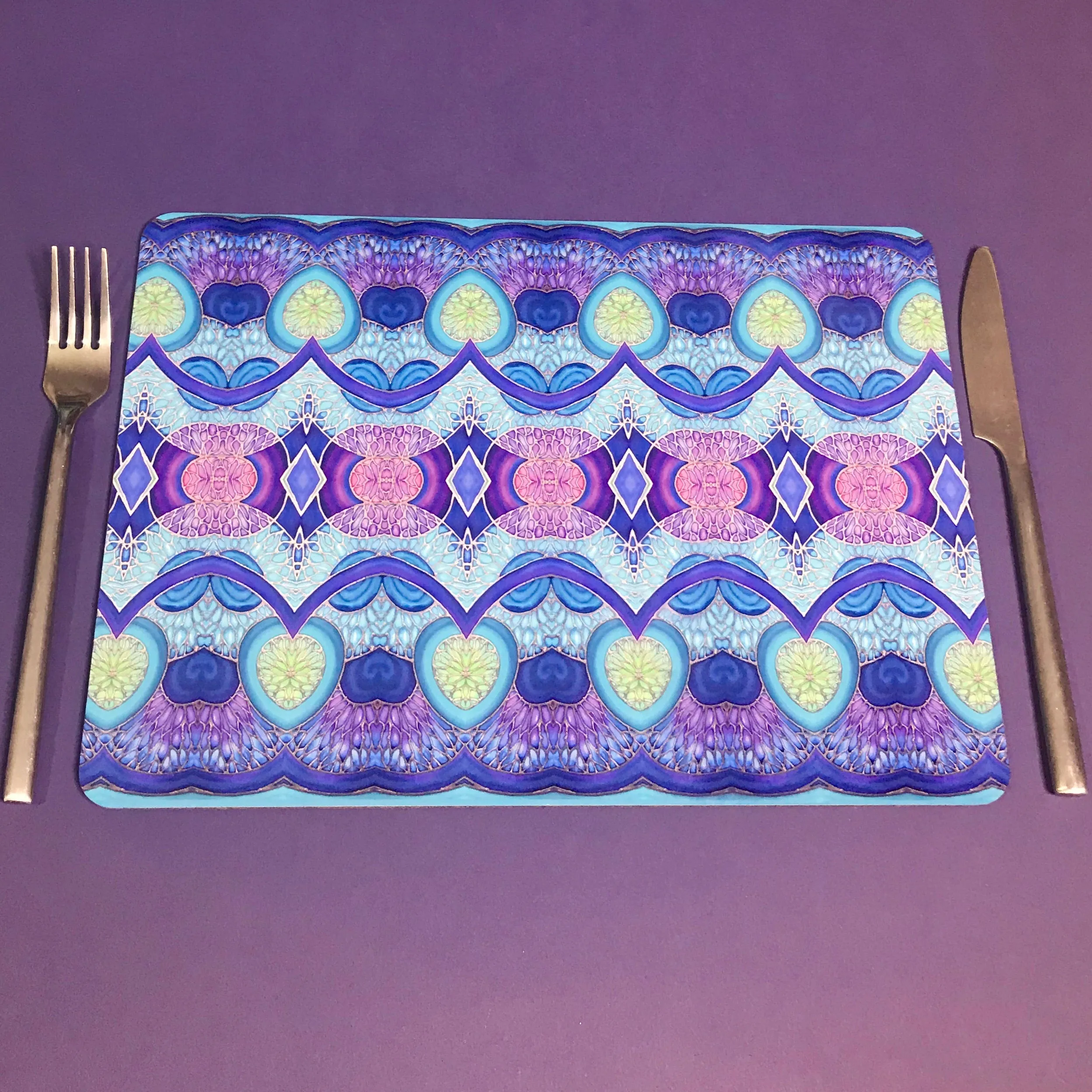 Spiral Shells Kaleidoscope Table Mats and Coasters- High Quality Table Mats - Blue Purple Green Tableware