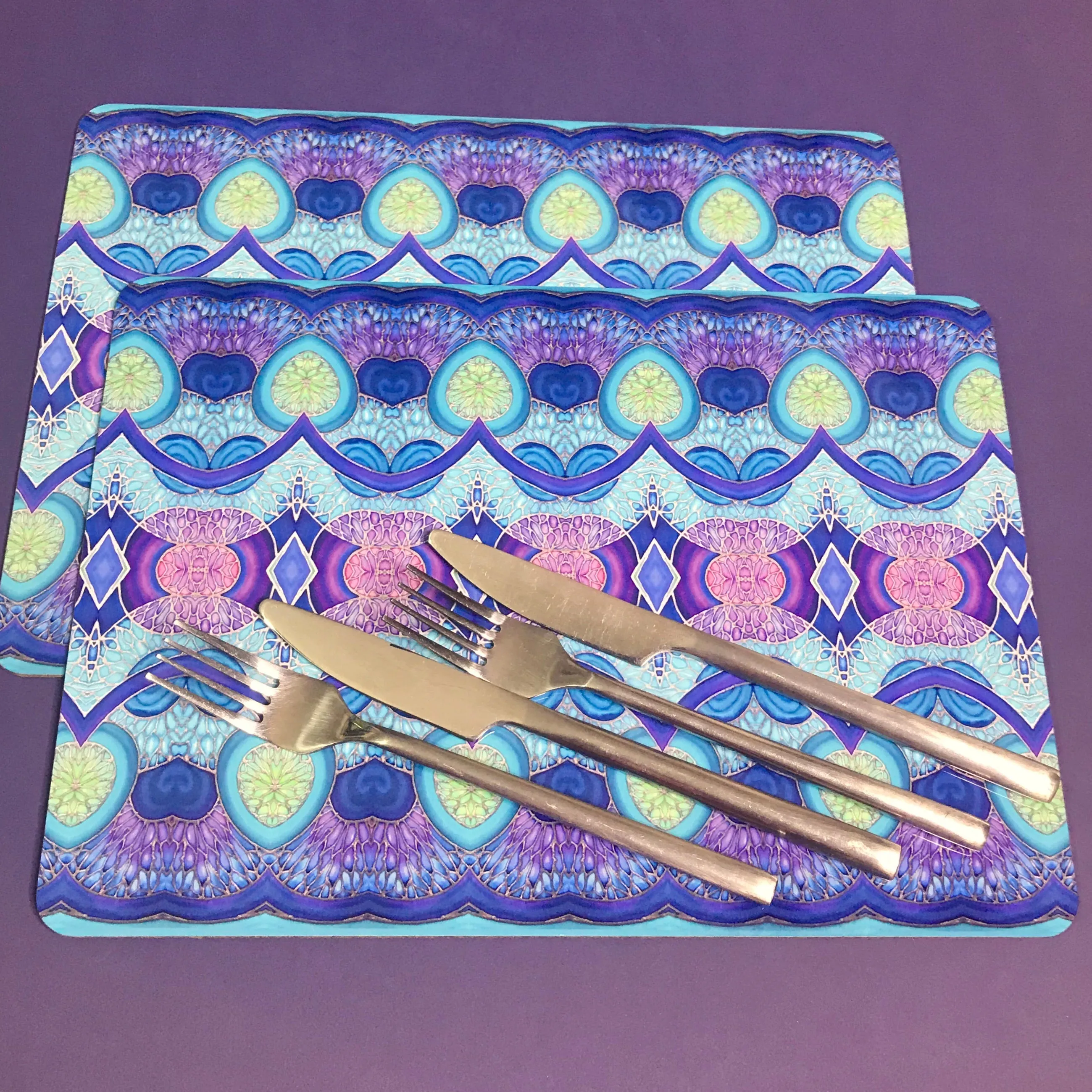 Spiral Shells Kaleidoscope Table Mats and Coasters- High Quality Table Mats - Blue Purple Green Tableware