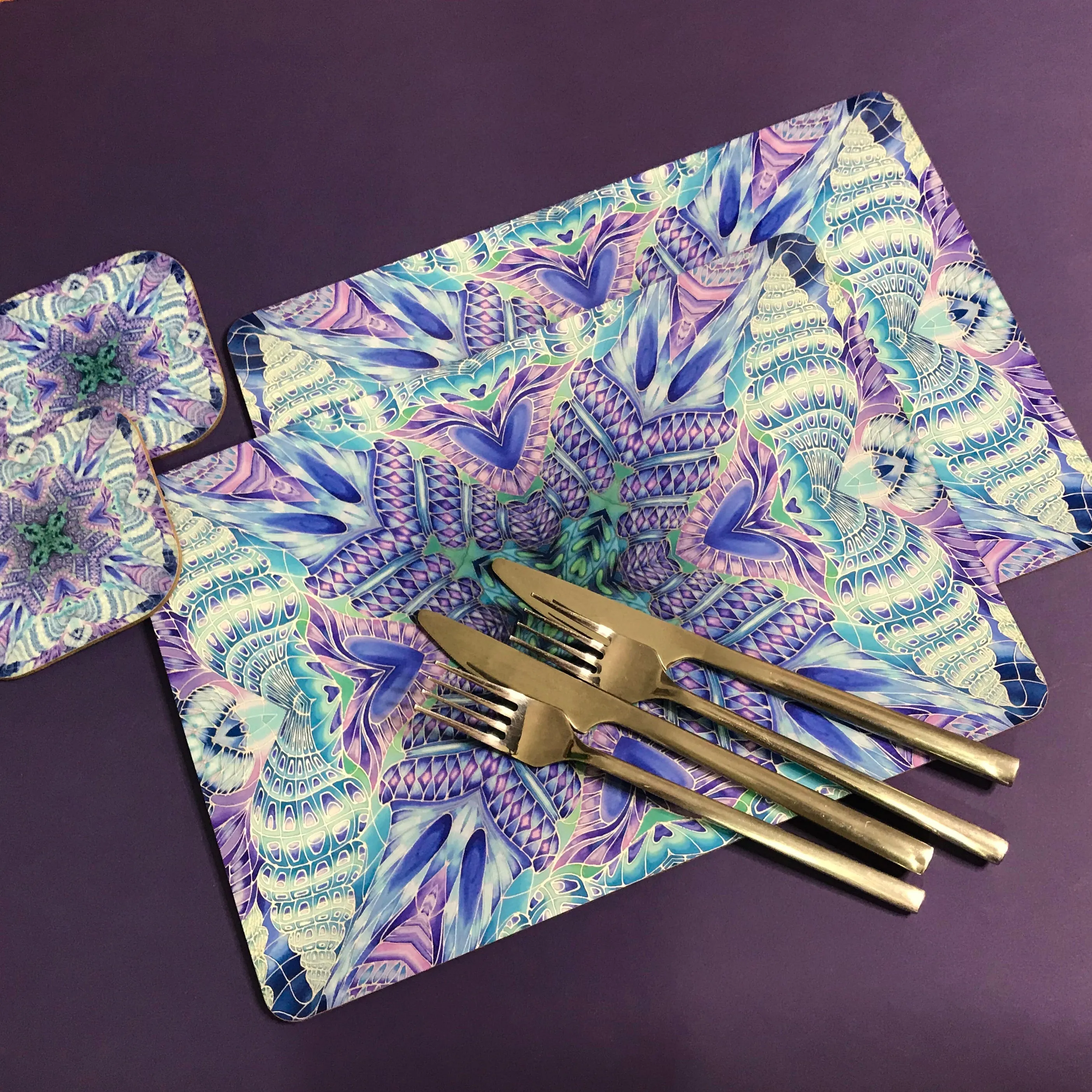 Spiral Shells Kaleidoscope Table Mats and Coasters- High Quality Table Mats - Blue Purple Green Tableware