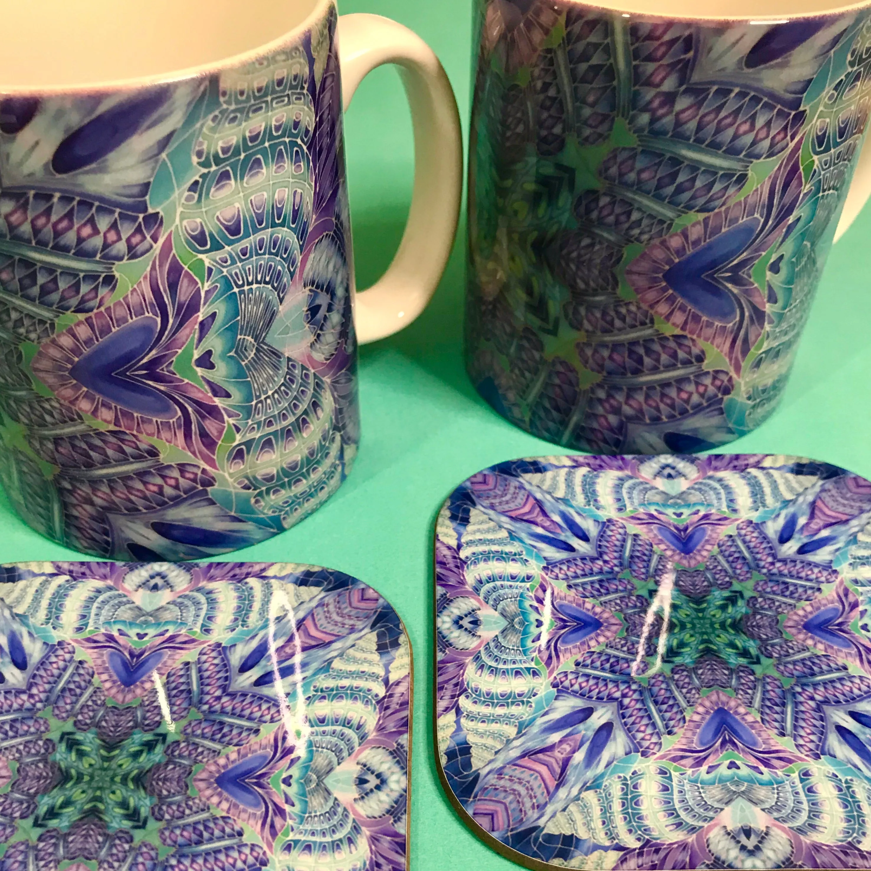 Spiral Shells Kaleidoscope Table Mats and Coasters- High Quality Table Mats - Blue Purple Green Tableware