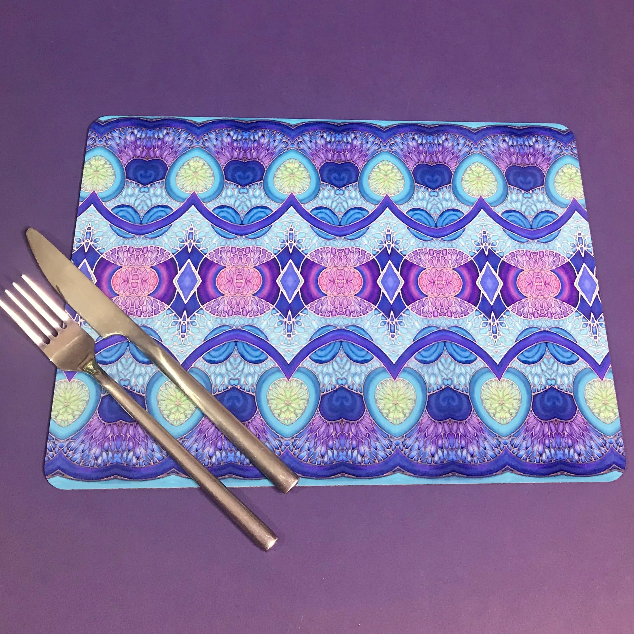 Spiral Shells Kaleidoscope Table Mats and Coasters- High Quality Table Mats - Blue Purple Green Tableware