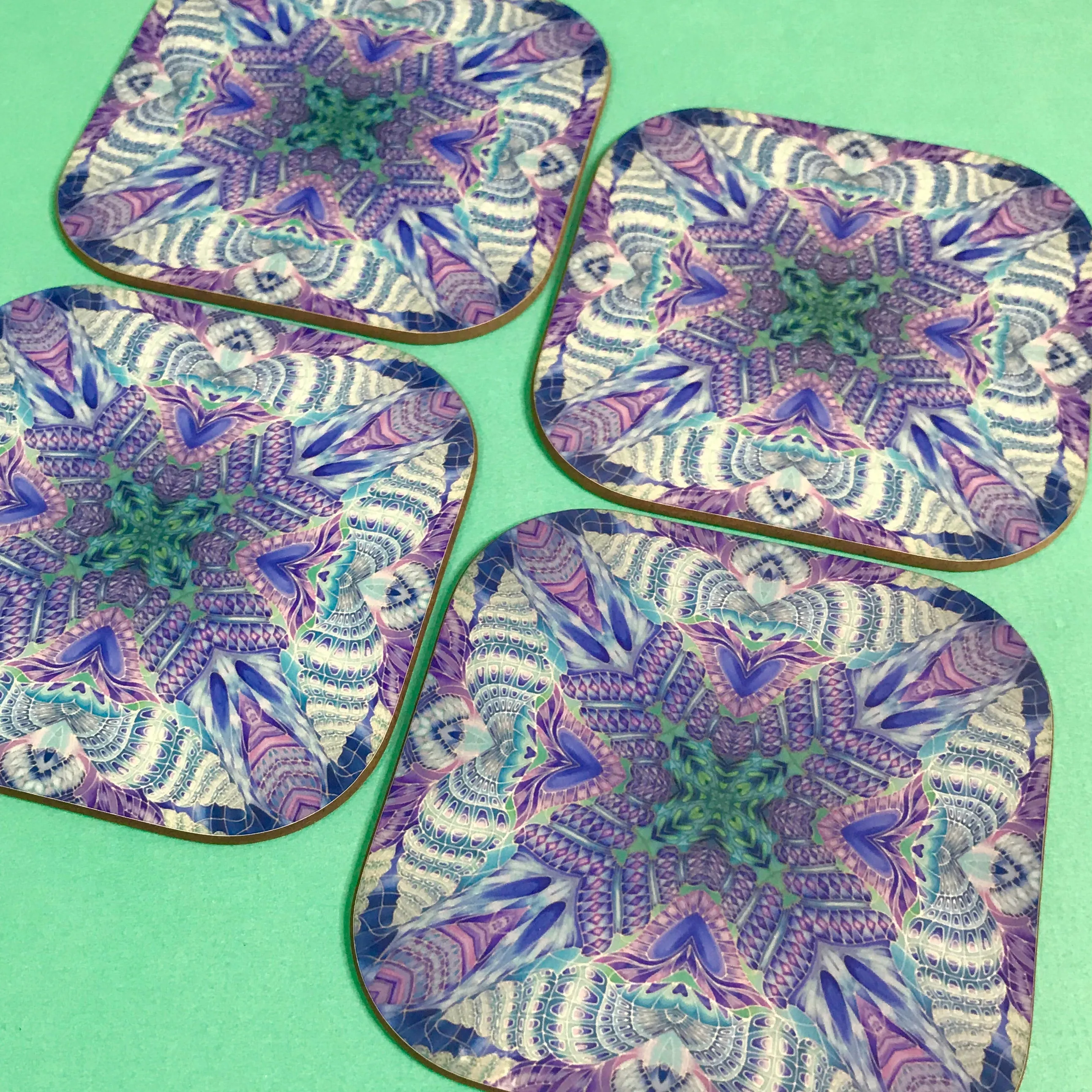 Spiral Shells Kaleidoscope Table Mats and Coasters- High Quality Table Mats - Blue Purple Green Tableware