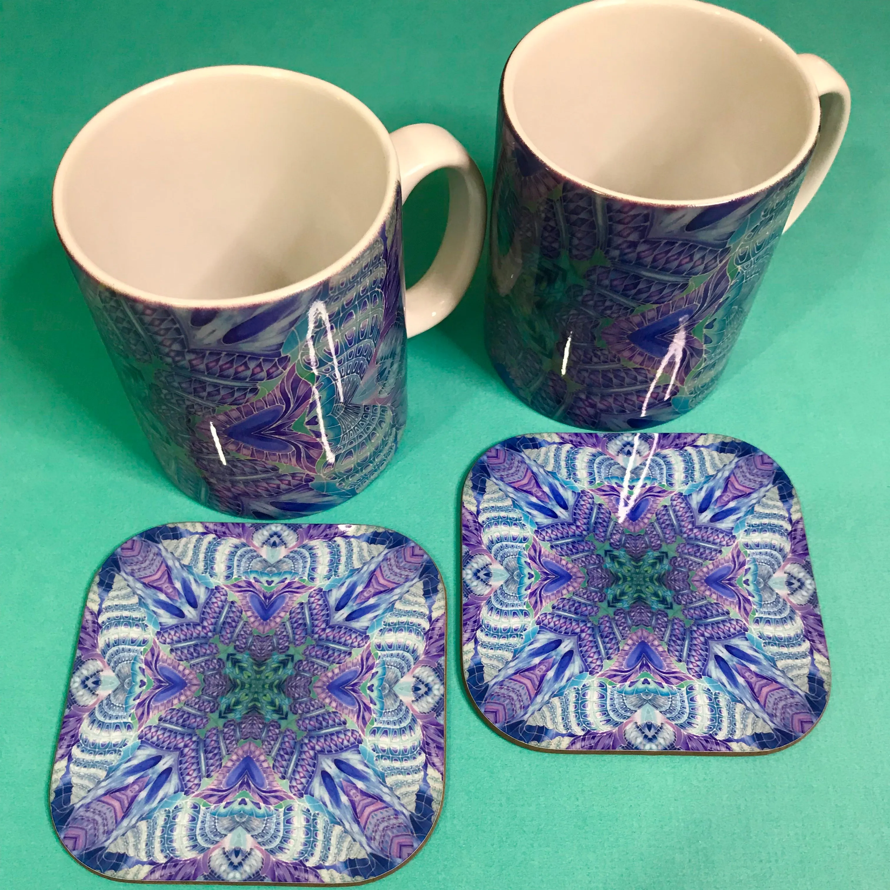 Spiral Shells Kaleidoscope Table Mats and Coasters- High Quality Table Mats - Blue Purple Green Tableware