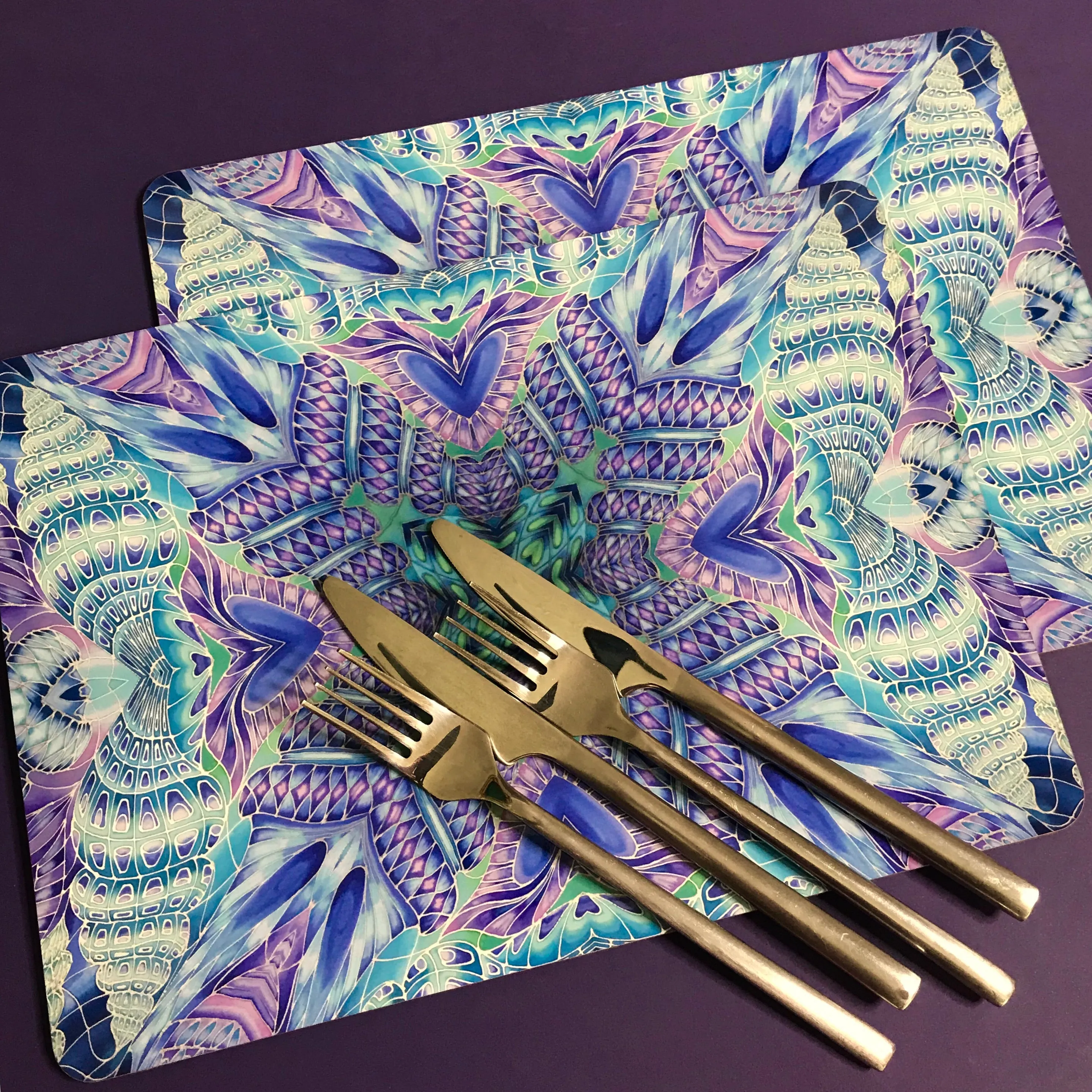 Spiral Shells Kaleidoscope Table Mats and Coasters- High Quality Table Mats - Blue Purple Green Tableware