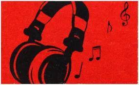 Stylish Headphone printed Red Colour Natural Coir Floor Mat for Music Lovers