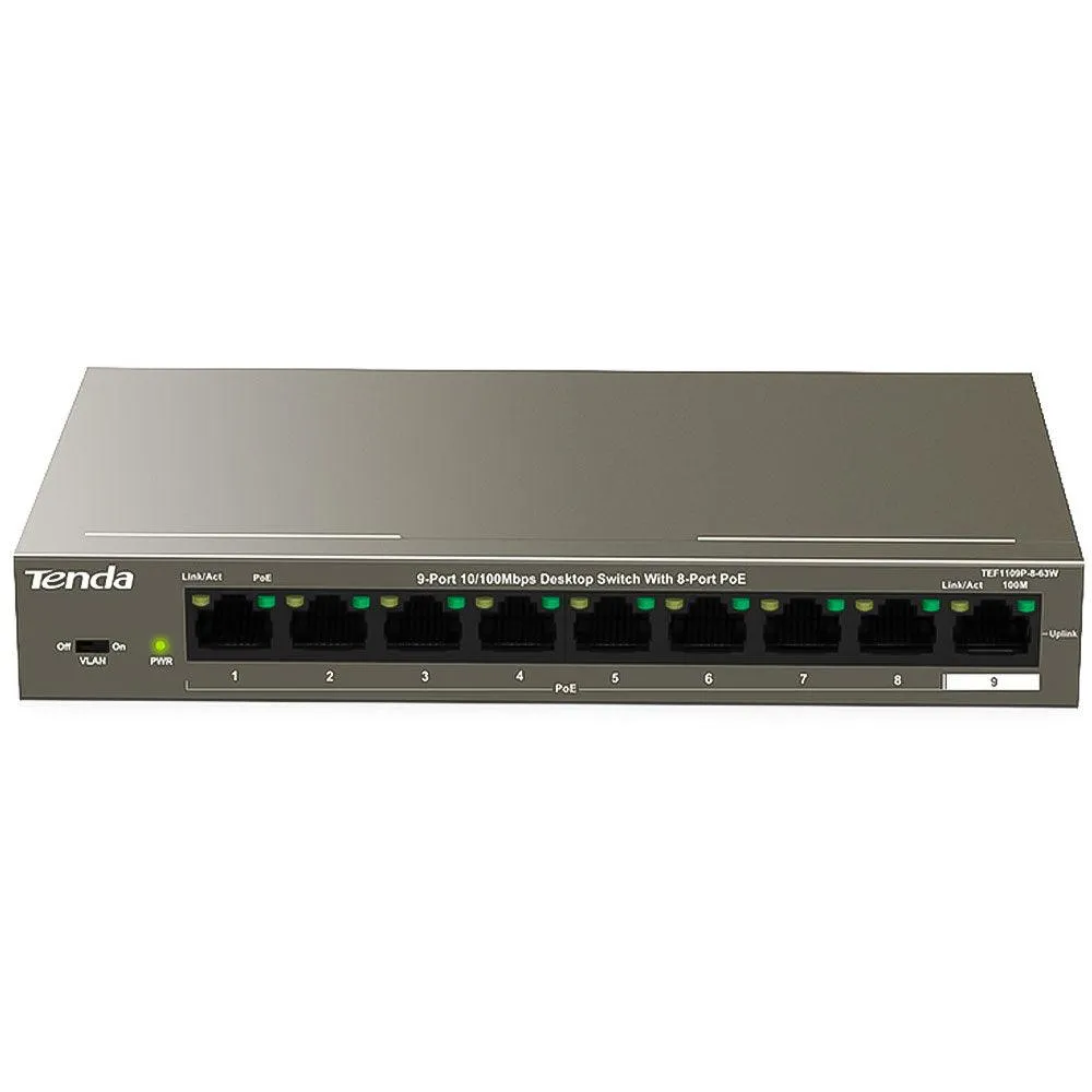 Tenda TEF1109P-8-63W Unmanaged Desktop Switch 8 Ports PoE 10/100Mbps   1 Port 10/100Mbps Uplink