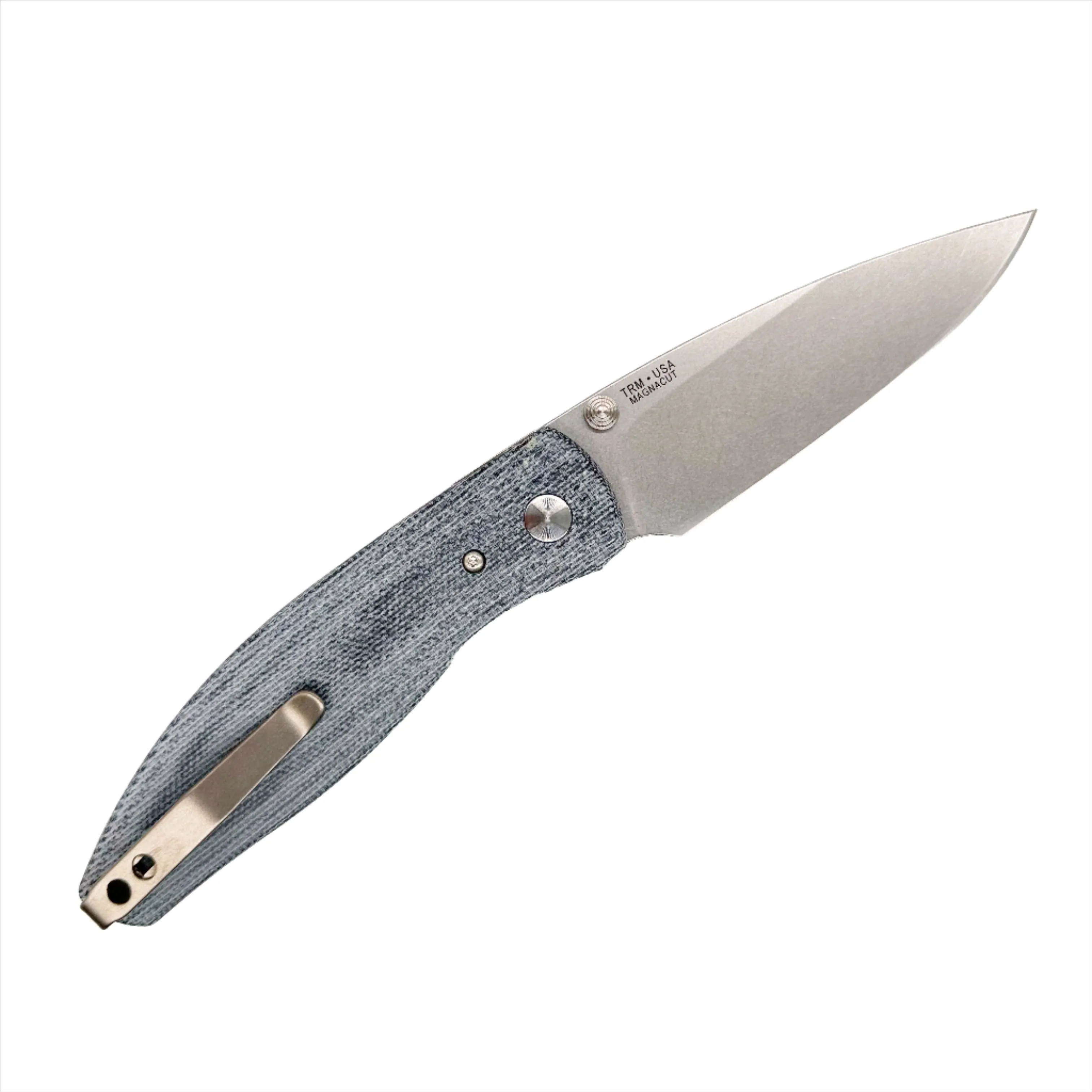 Three Rivers Mfg ATOM Linerlock 3.5" Tumbled CPM-MagnaCut Blue Denim Micarta 3D Lizard Skin Contoured Scales