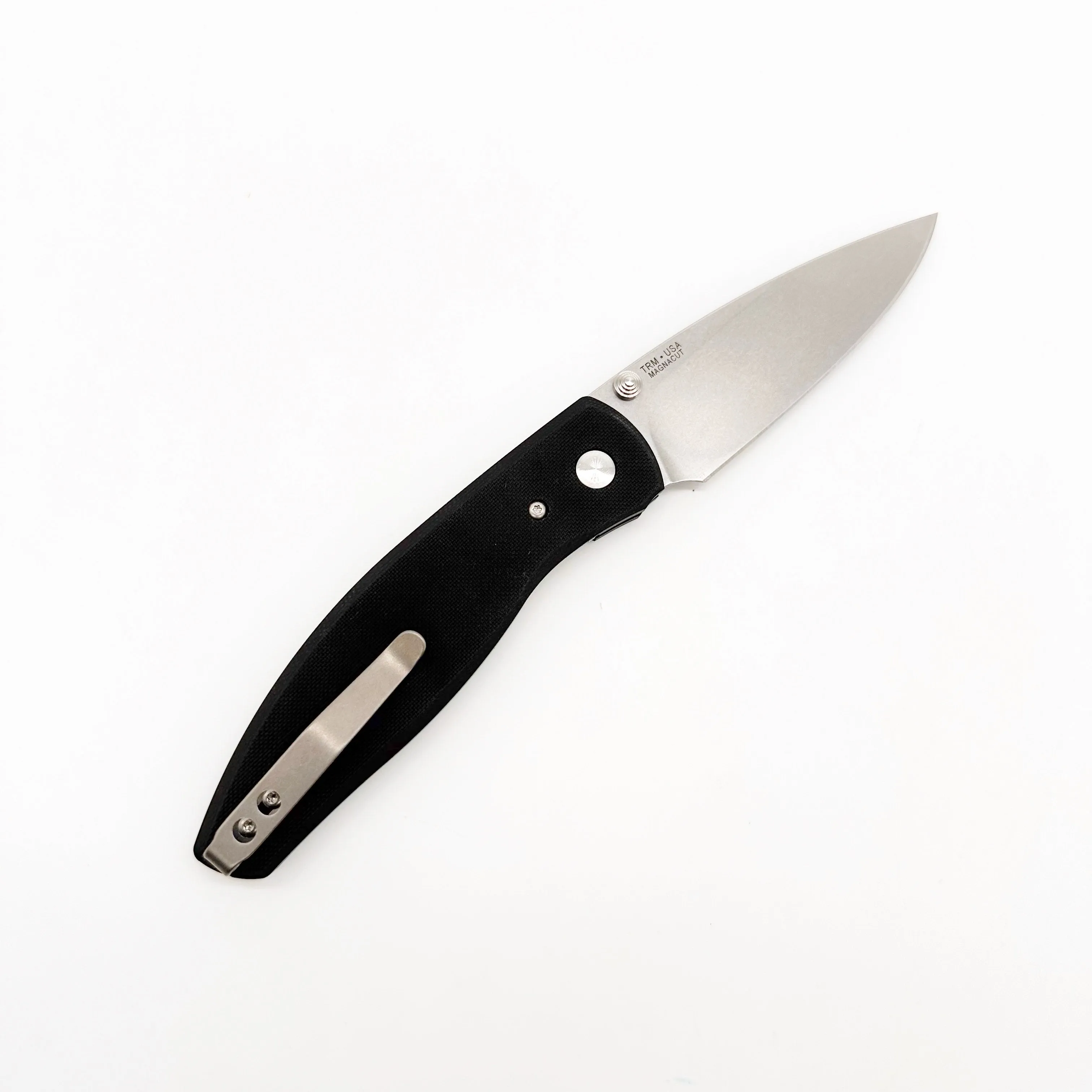 Three Rivers Mfg ATOM Linerlock 3.5" Tumbled CPM-MagnaCut Jet Black G10 Scales