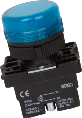 TRI-22-B240, 22mm LED Indicator BLUE 240VAC, Plastic, IP65, IEC60947-5-1