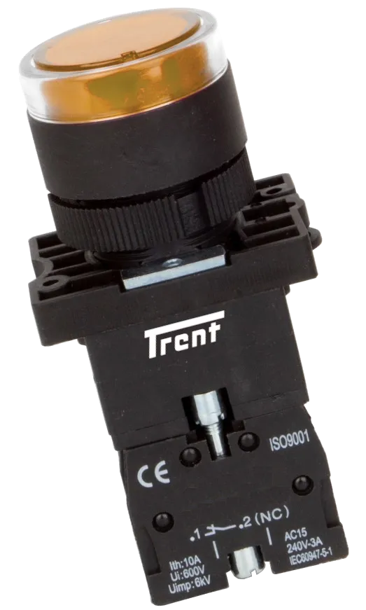 TRIB-22D-Y-240, 22mm LED Pushbutton & Indicator Amber 240VAC, Plastic, IEC60947-5-1