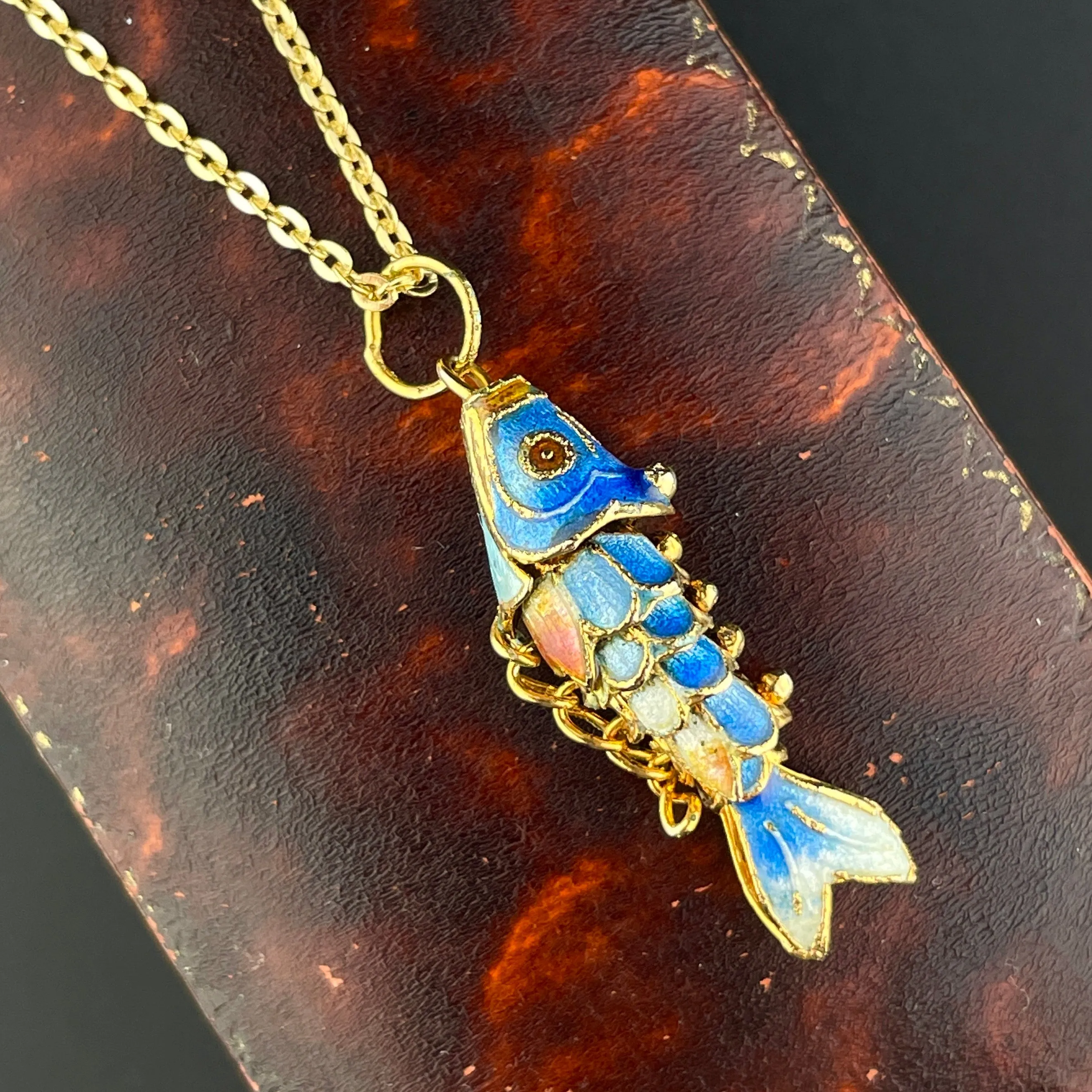Vintage Articulated Gold Vermeil Blue Enamel Koi Fish Pendant Necklace
