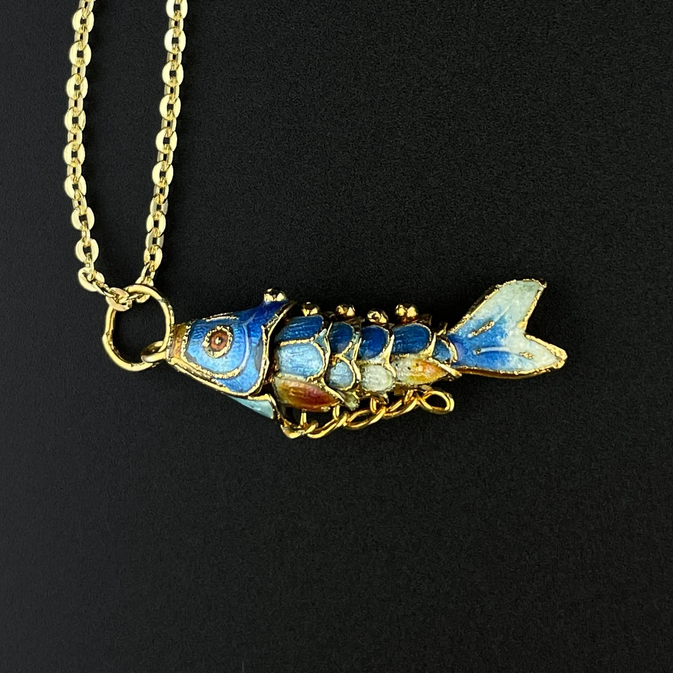 Vintage Articulated Gold Vermeil Blue Enamel Koi Fish Pendant Necklace