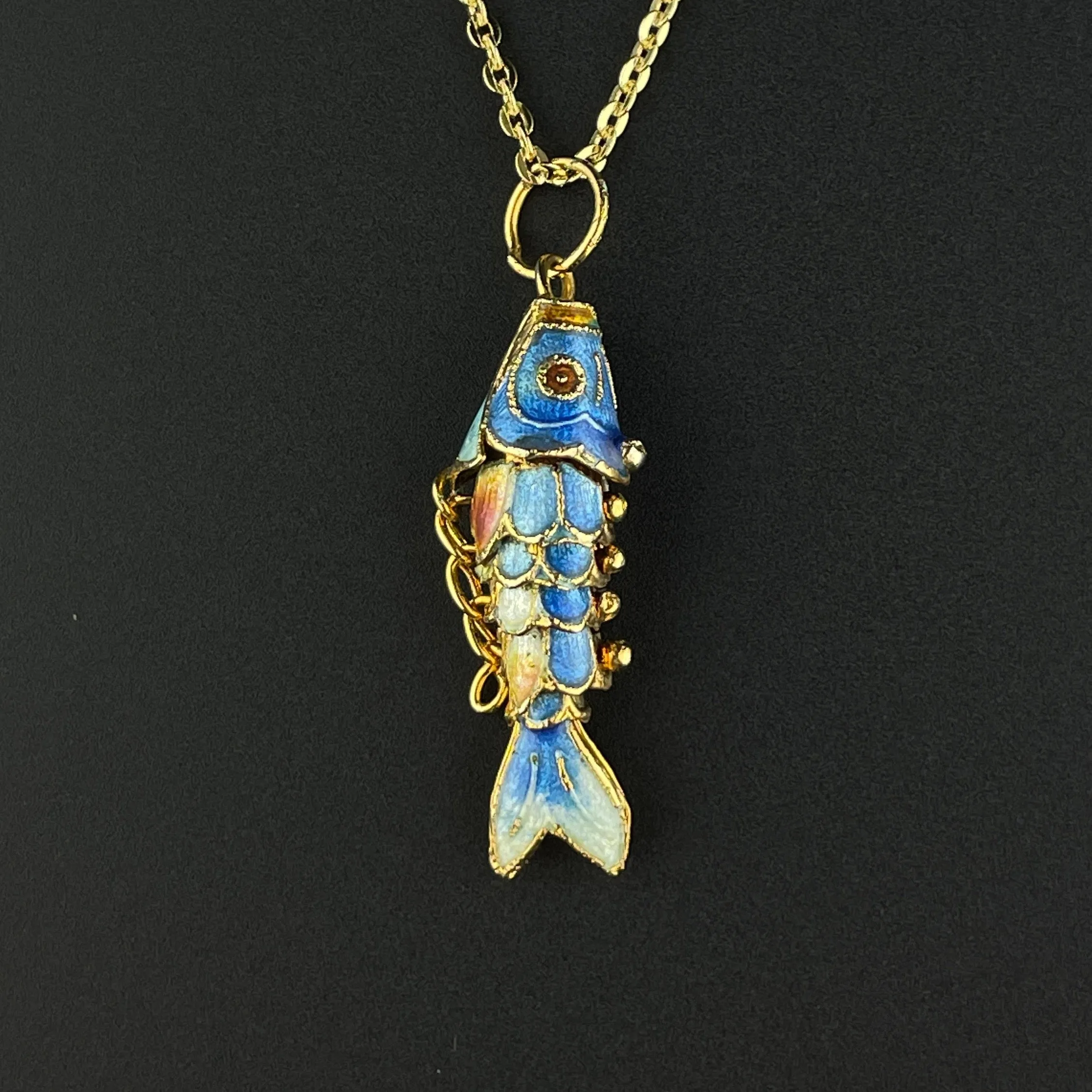Vintage Articulated Gold Vermeil Blue Enamel Koi Fish Pendant Necklace