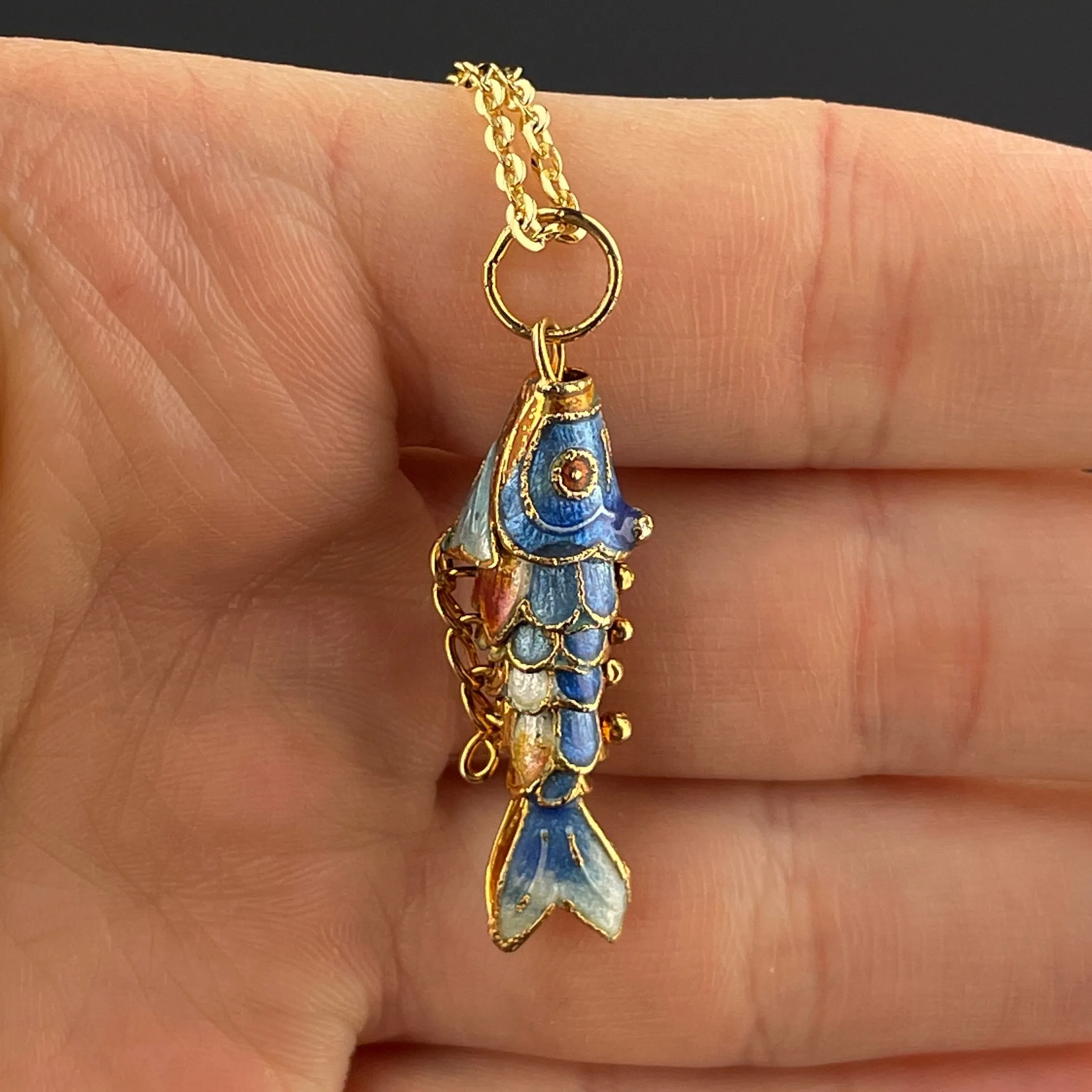 Vintage Articulated Gold Vermeil Blue Enamel Koi Fish Pendant Necklace