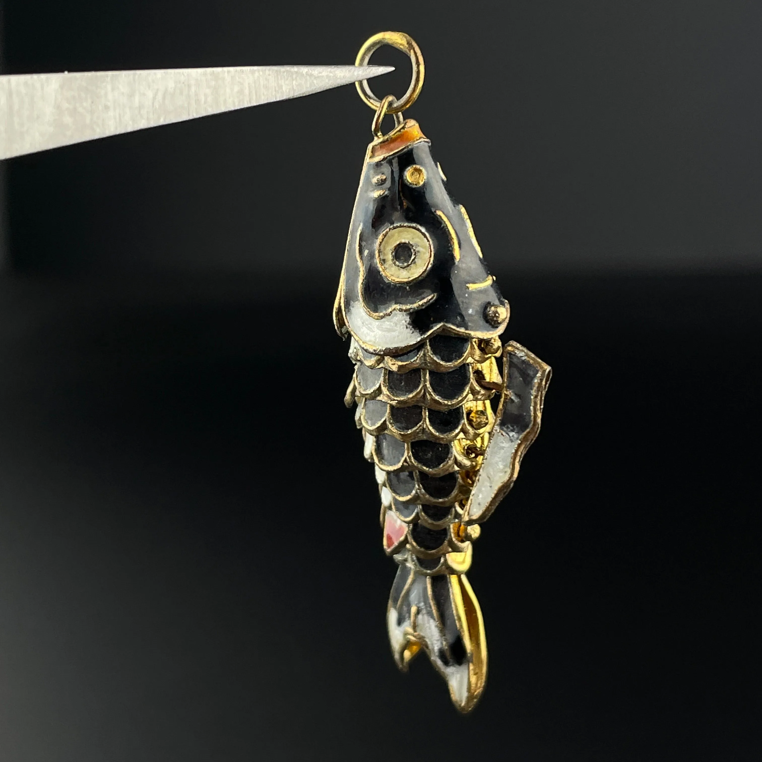 Vintage Gold Vermeil Black Enamel Articulated Fish Pendant